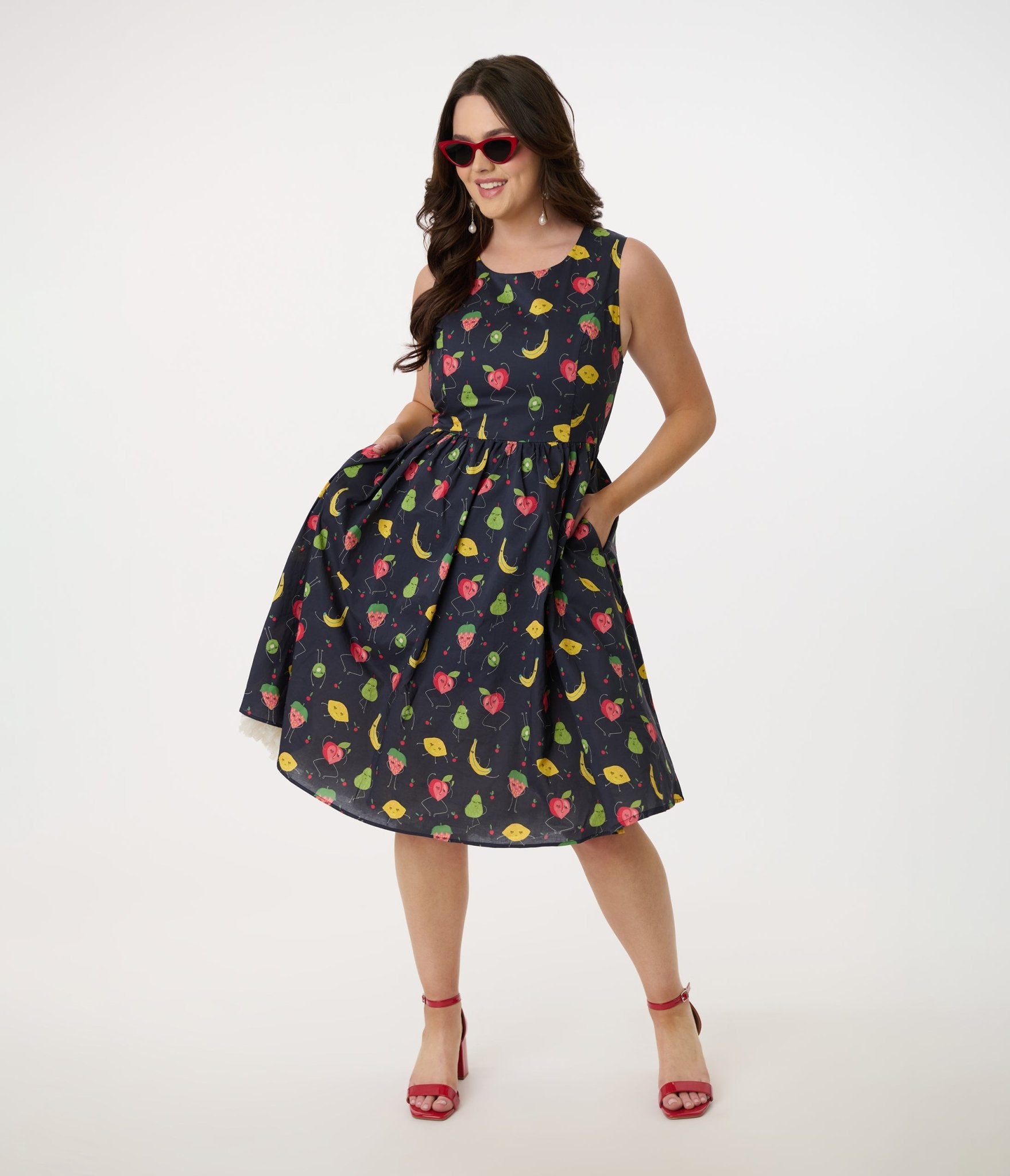 1950s Navy & Fruit Print Sleeveless Cotton Swing Dress