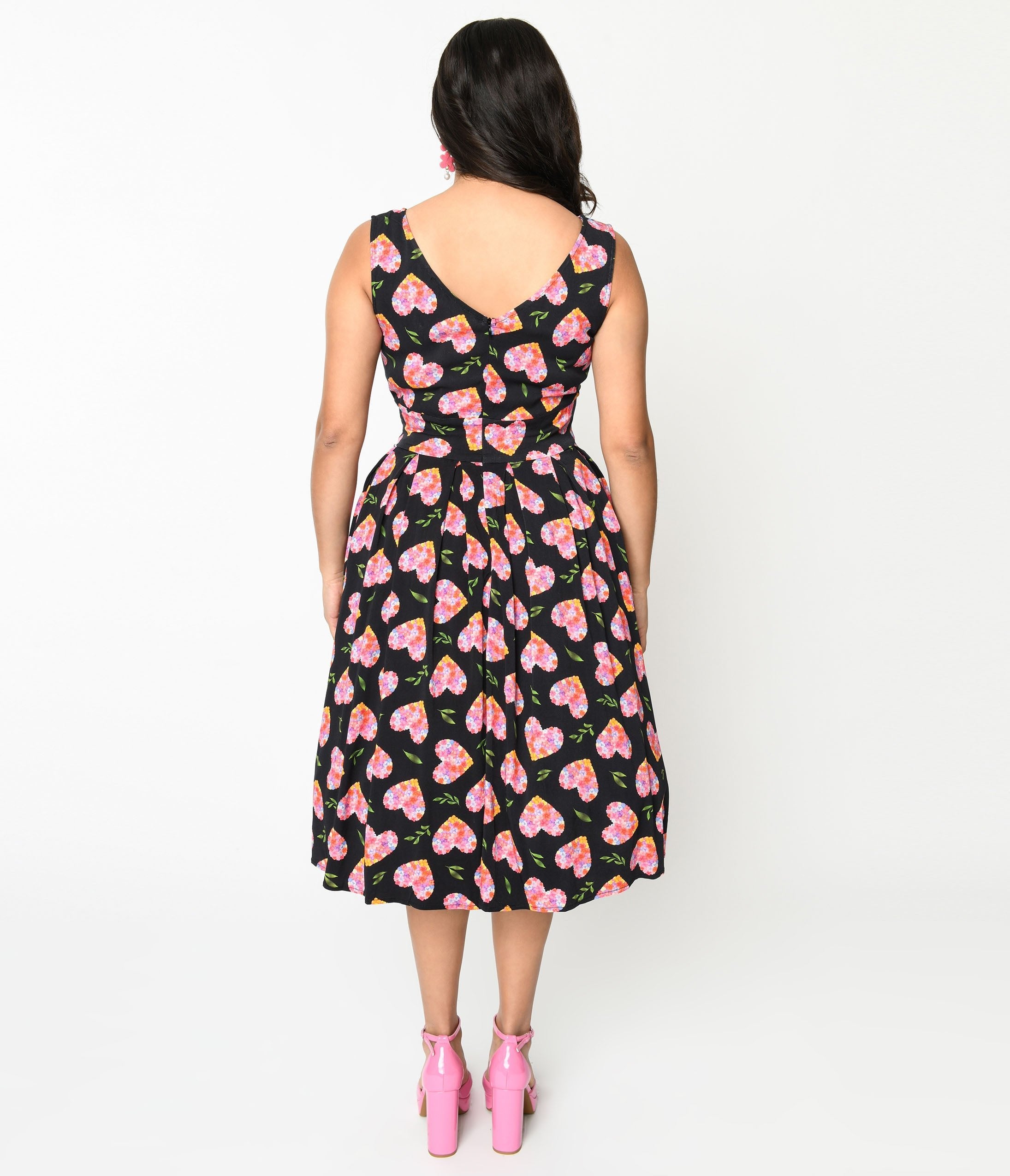 Black & Multicolor Floral Hearts Swing Dress