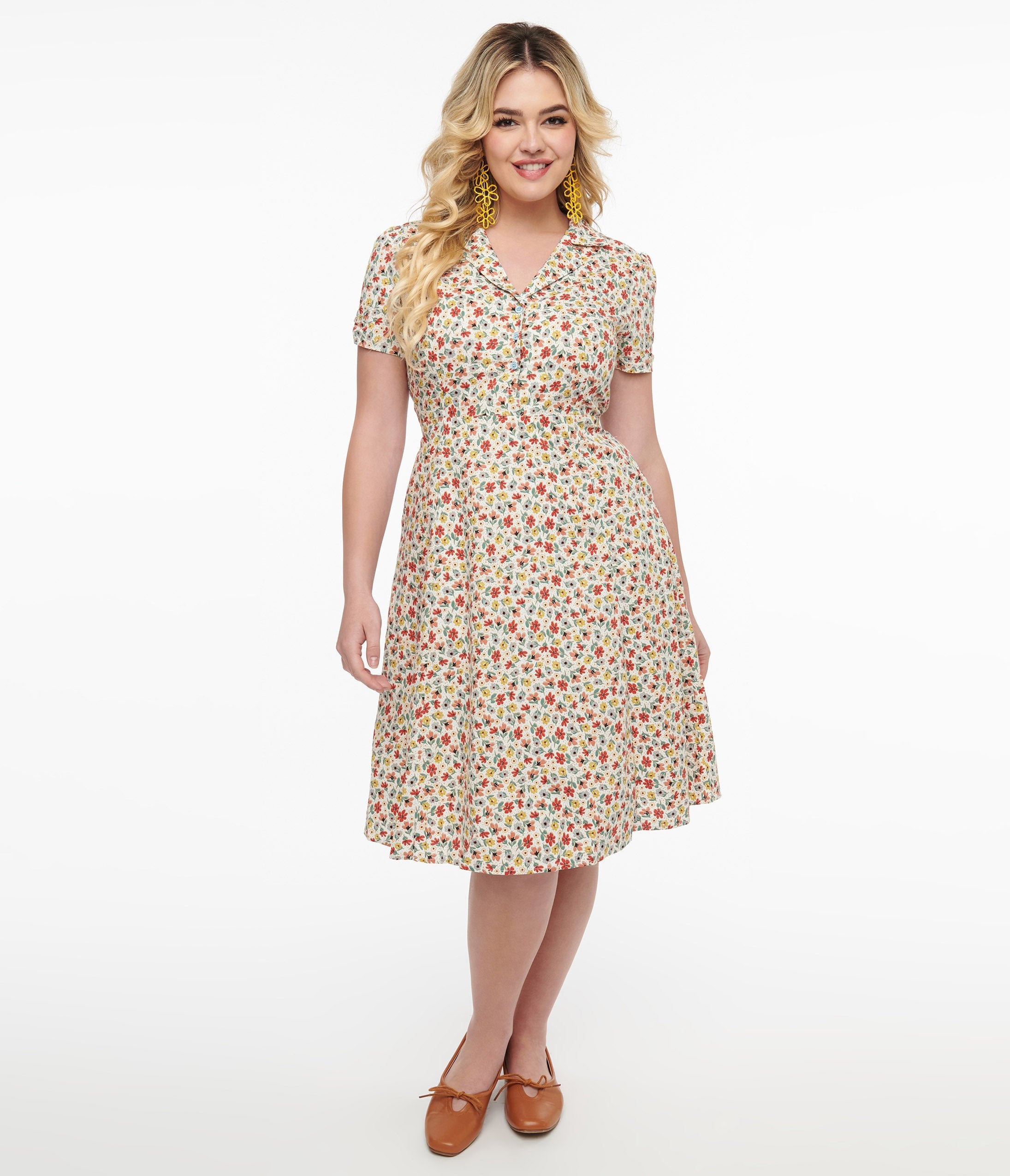 1950s Cream & Multicolor Floral Fit & Flare Dress