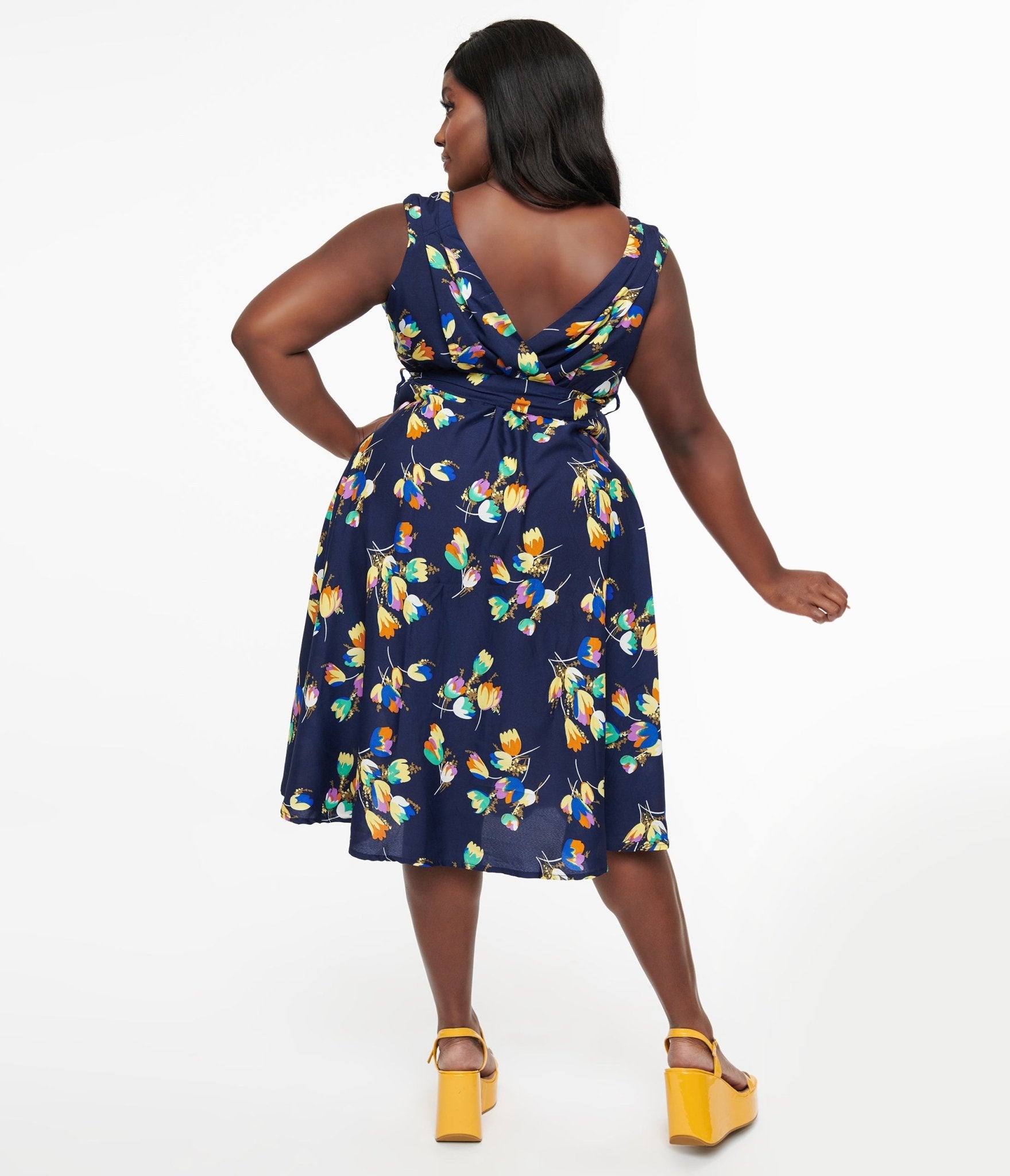 Plus Size 1950s Navy Floral Print Swing Dress