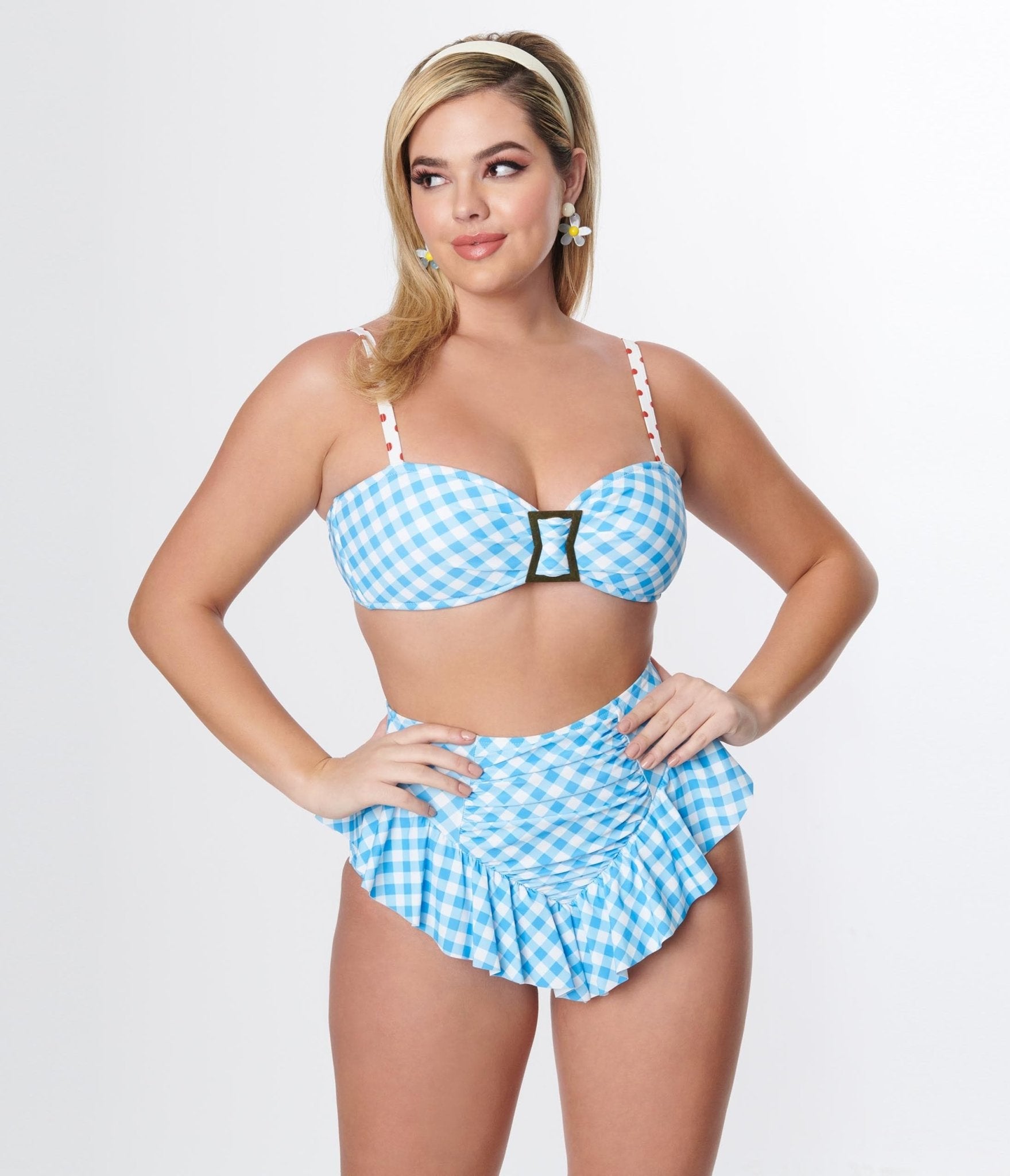 Unique Vintage Blue Gingham Ruffle High Waist Swim Bottom