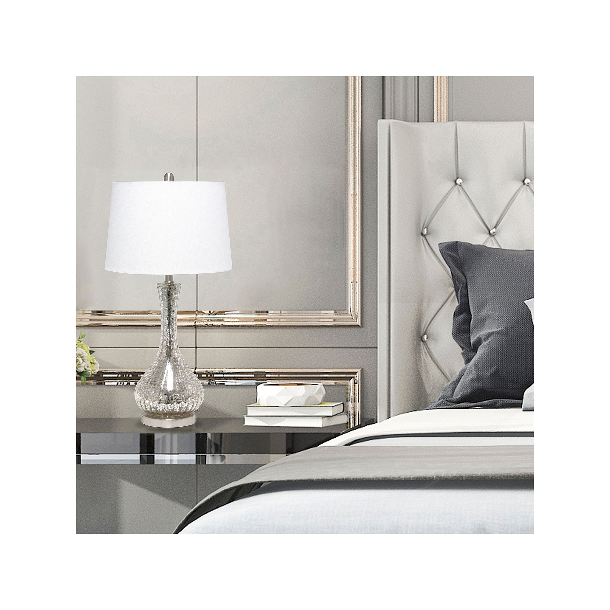 All The Rages Lalia Home Speckled Mercury Tear Drop Table Lamp with White Fabric Shade