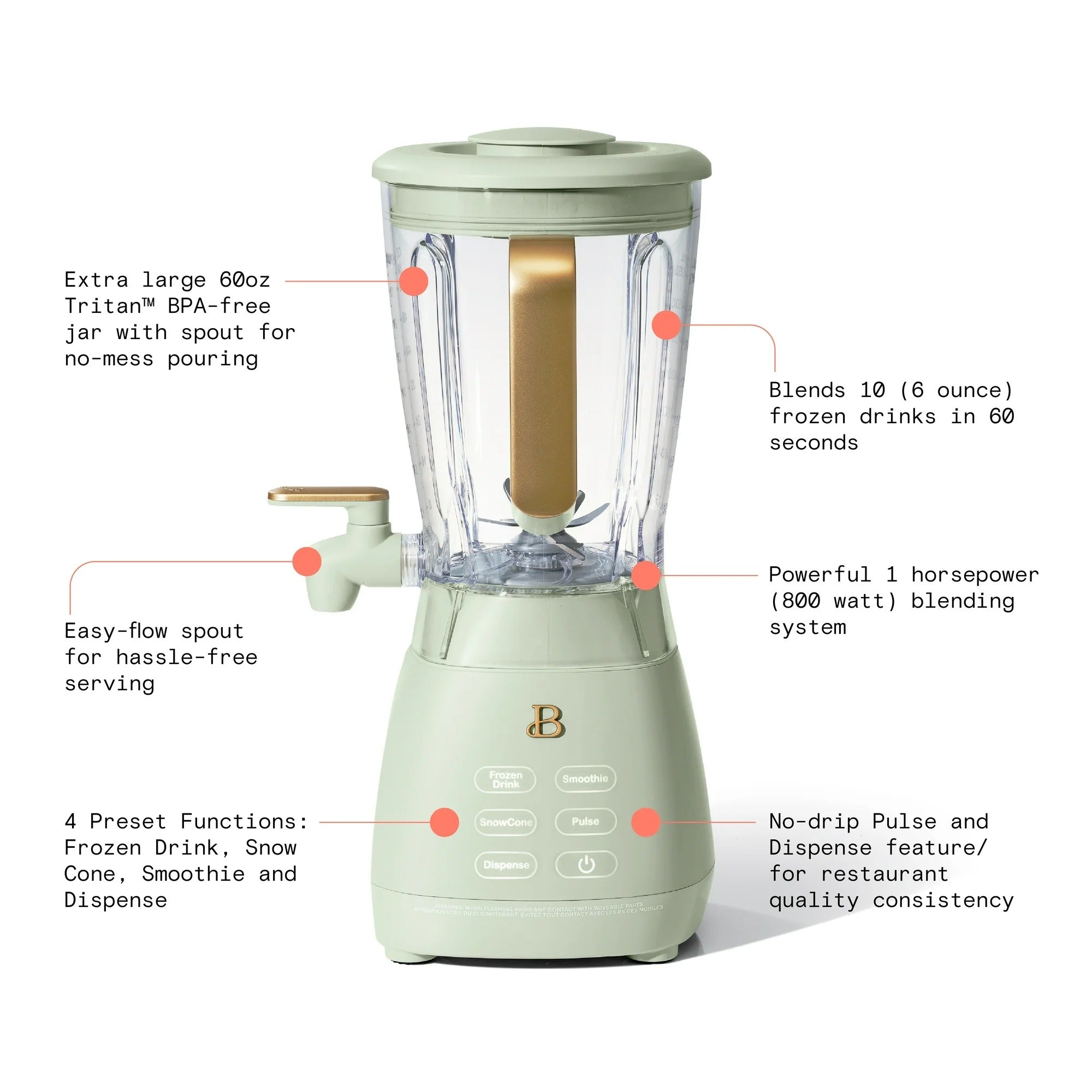 Beautiful 19262 Slush Crush 60 oz 4-Speed Frozen Drink Maker, Sage Green by Drew Barrymore