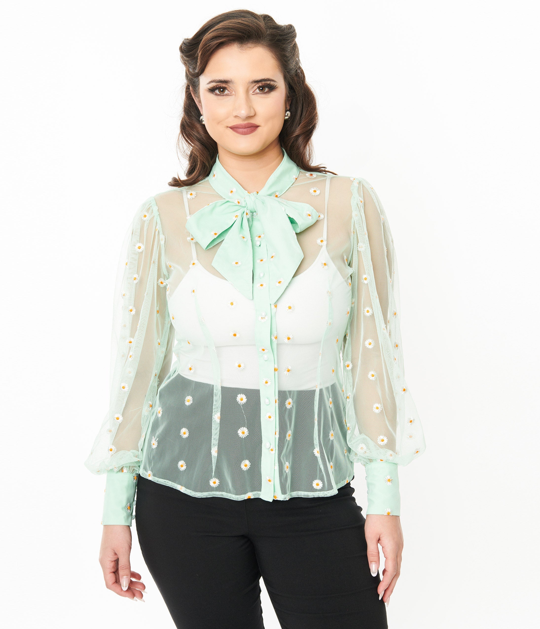 Unique Vintage Green & White Daisy Print Sheer Gwen Blouse