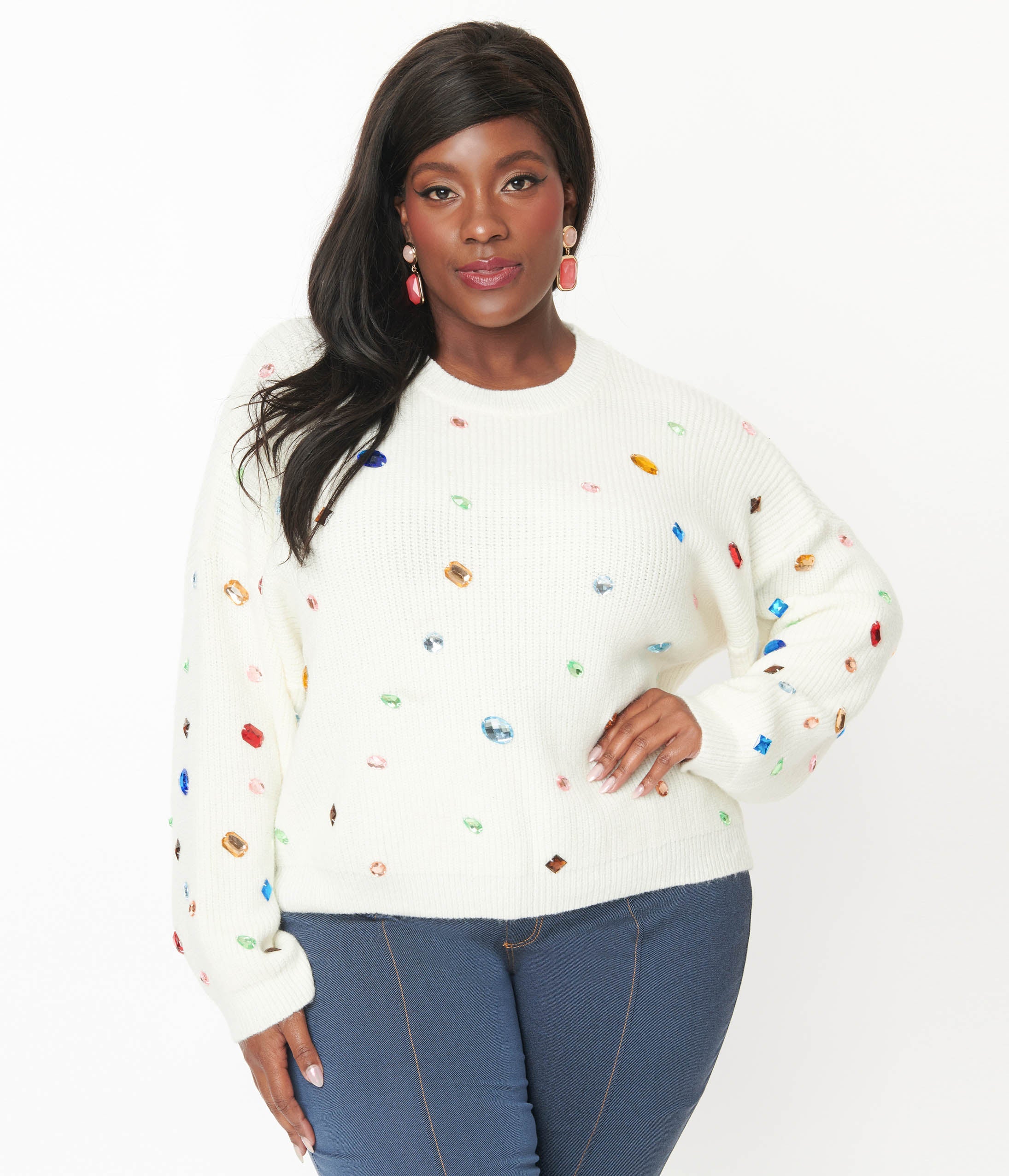 Plus Size Cream Bejeweled Pullover Sweater