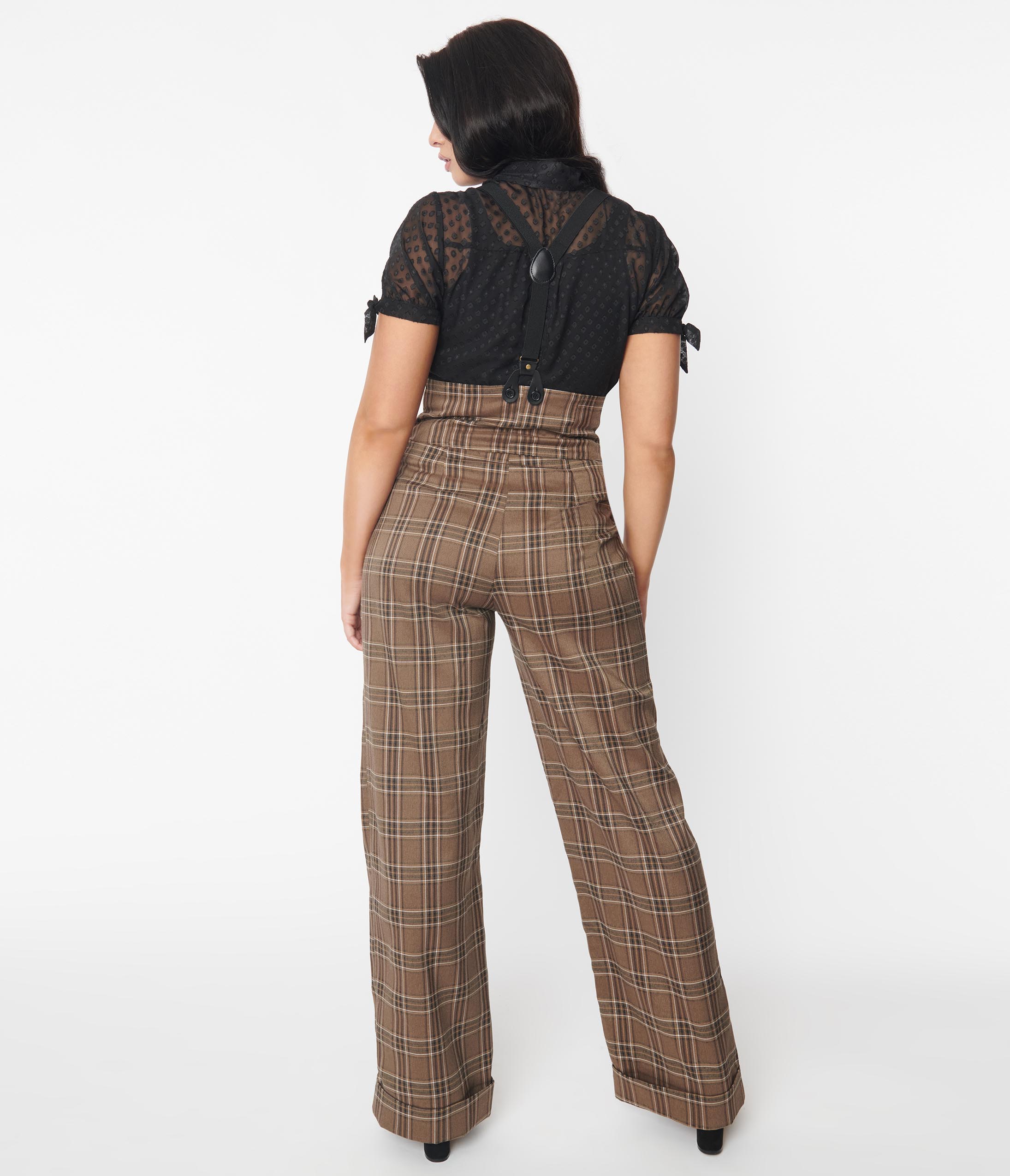 Unique Vintage 1930s Dark Beige Windowpane Thelma Suspender Pants