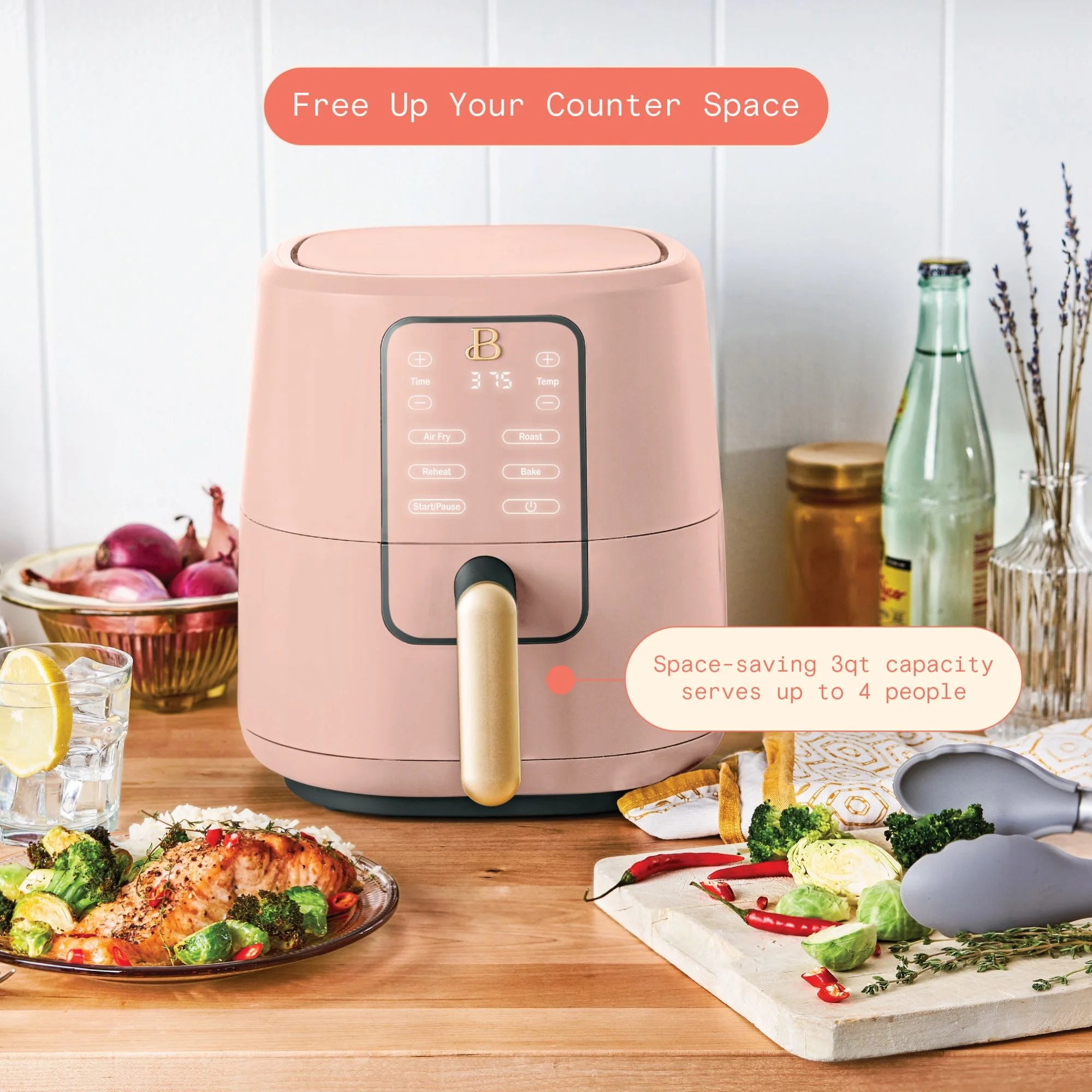 Beautiful 19704 3 Qt Air Fryer with TurboCrisp Technology, Rose by Drew Barrymore