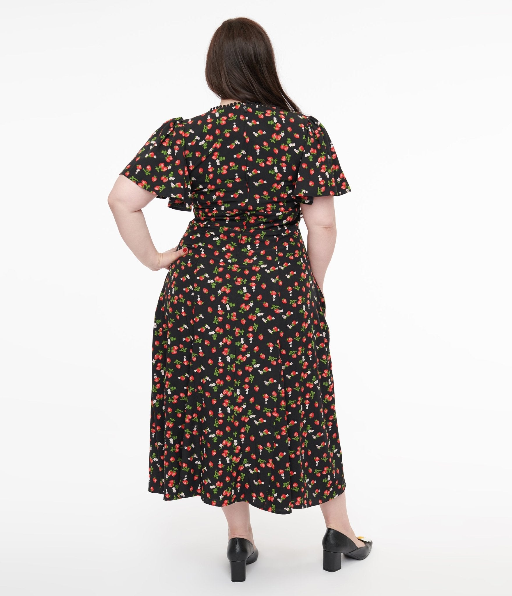 Unique Vintage Plus Size 1940s Black & Strawberry Print Midi Dress