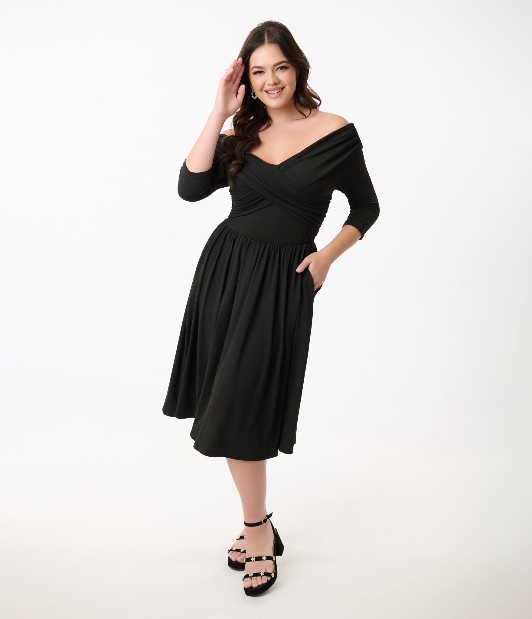 Unique Vintage Black Shirred Off Shoulder Swing Dress