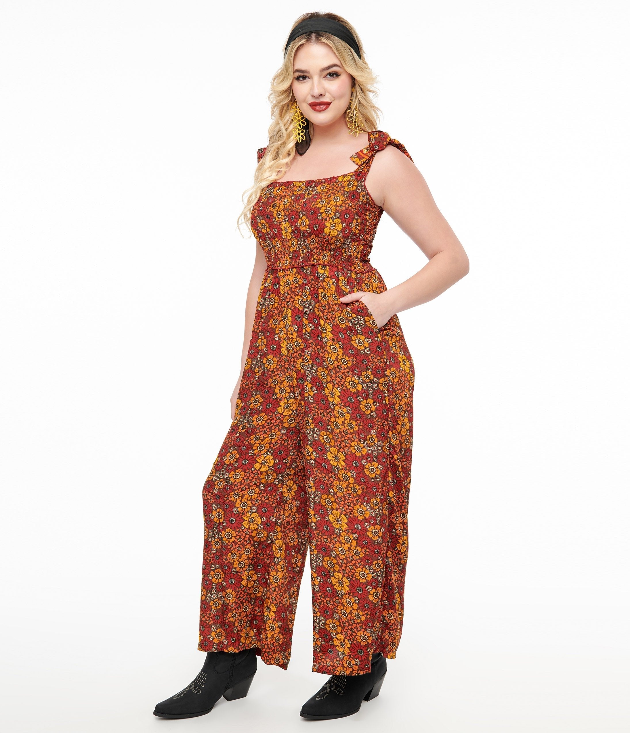 1970s Brown & Orange Flower Child Silk Jumpsuit