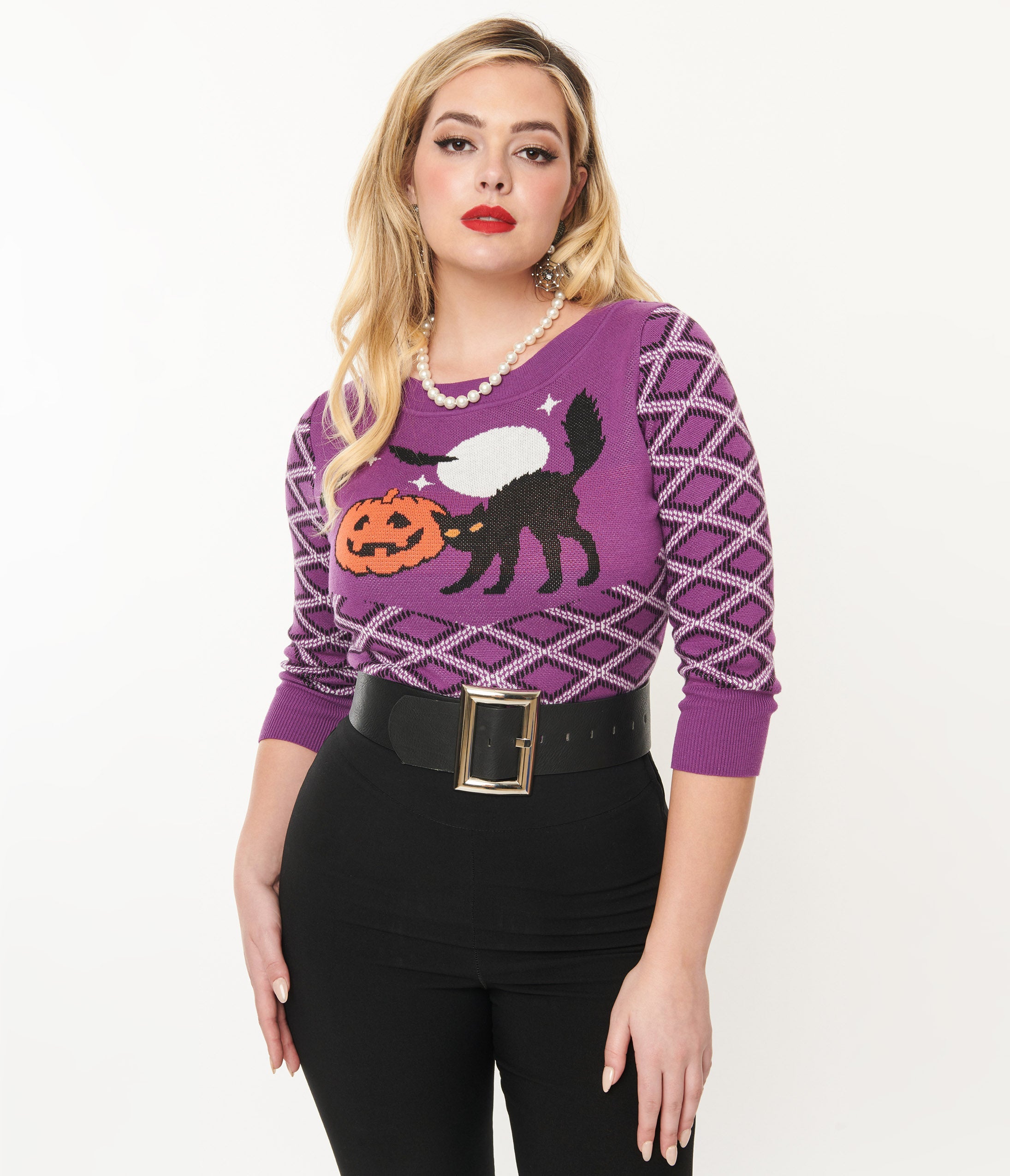 Smak Parlour Purple Plaid & Black Cat Sweater