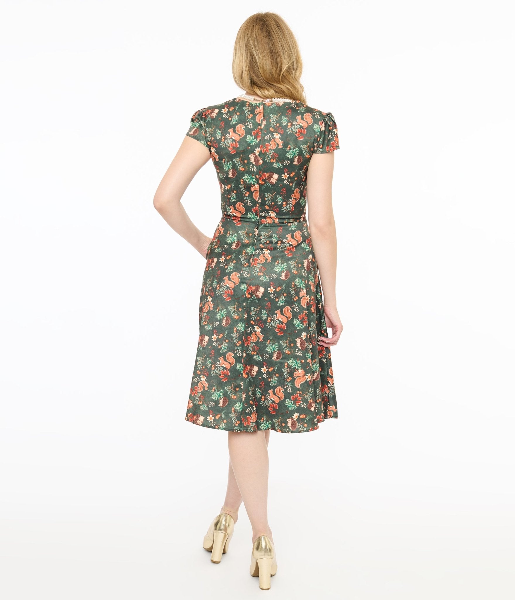 Voodoo Vixen 1950s Green Woodland Squirrel Print Swing Dress