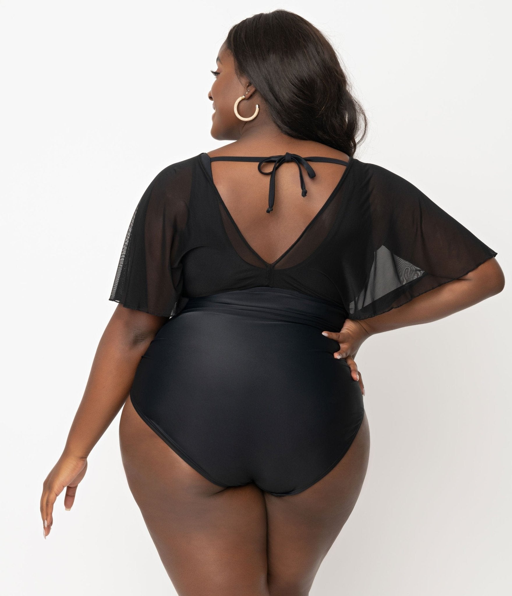 Unique Vintage Plus Size Black Mesh Sleeved Torrey Swimsuit