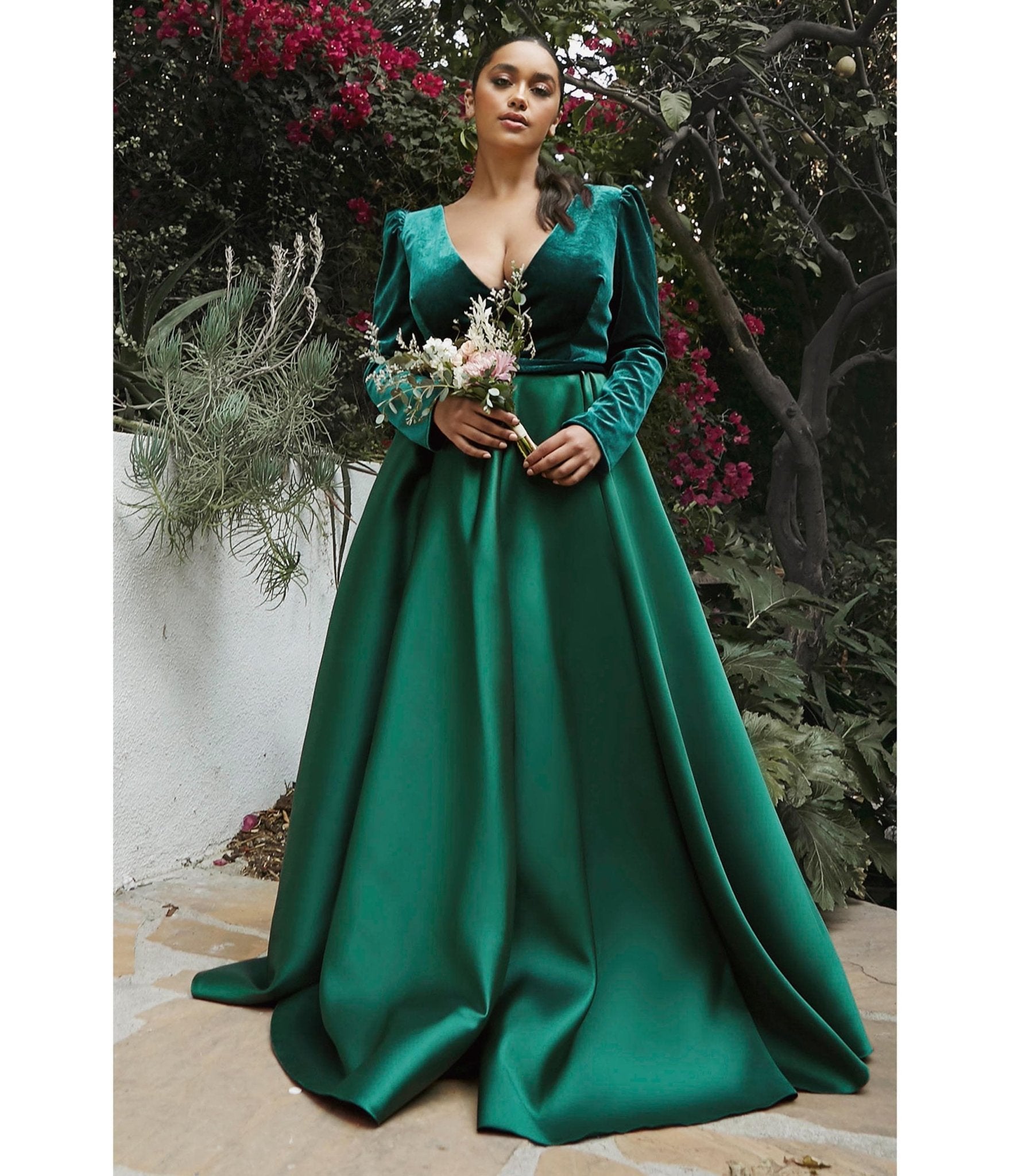 Ladivine by Cinderella Divine Plus Size Emerald Long Sleeve Bridesmaid Gown