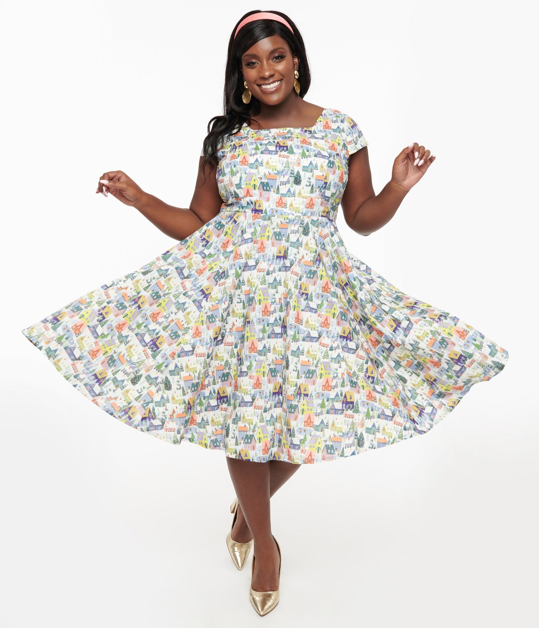 Magnolia Place Plus Size Multicolor House Print Anna Swing Dress