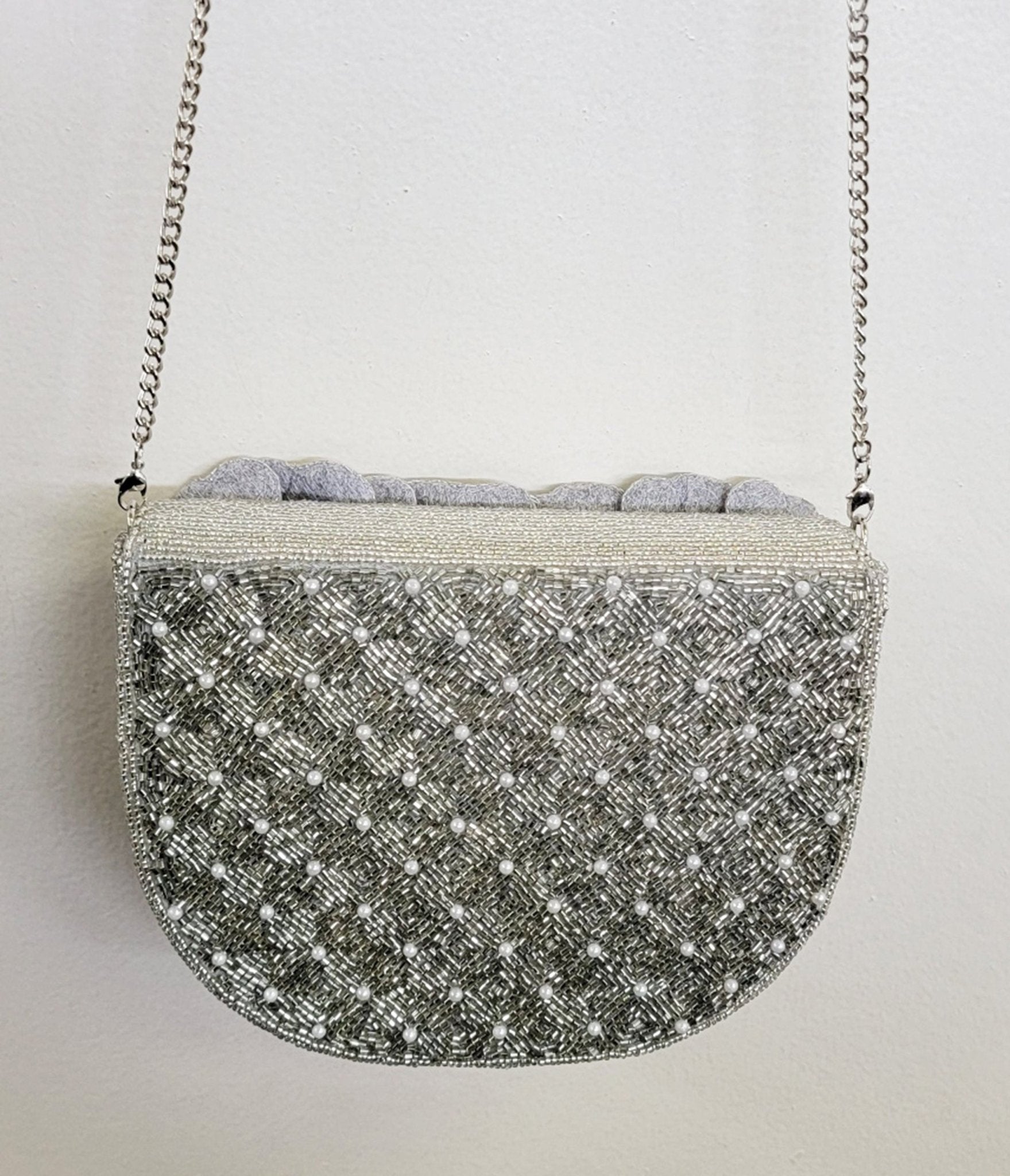 Silver Flower Beaded Crossbody Bag