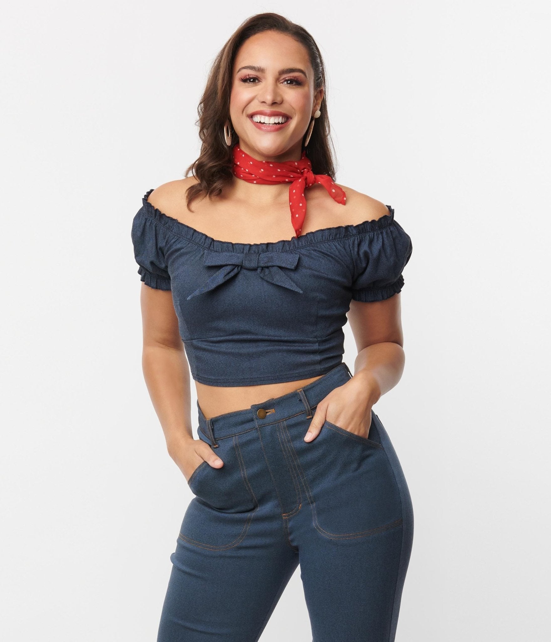 Unique Vintage Denim Puff Sleeve Off the Shoulder Crop Top