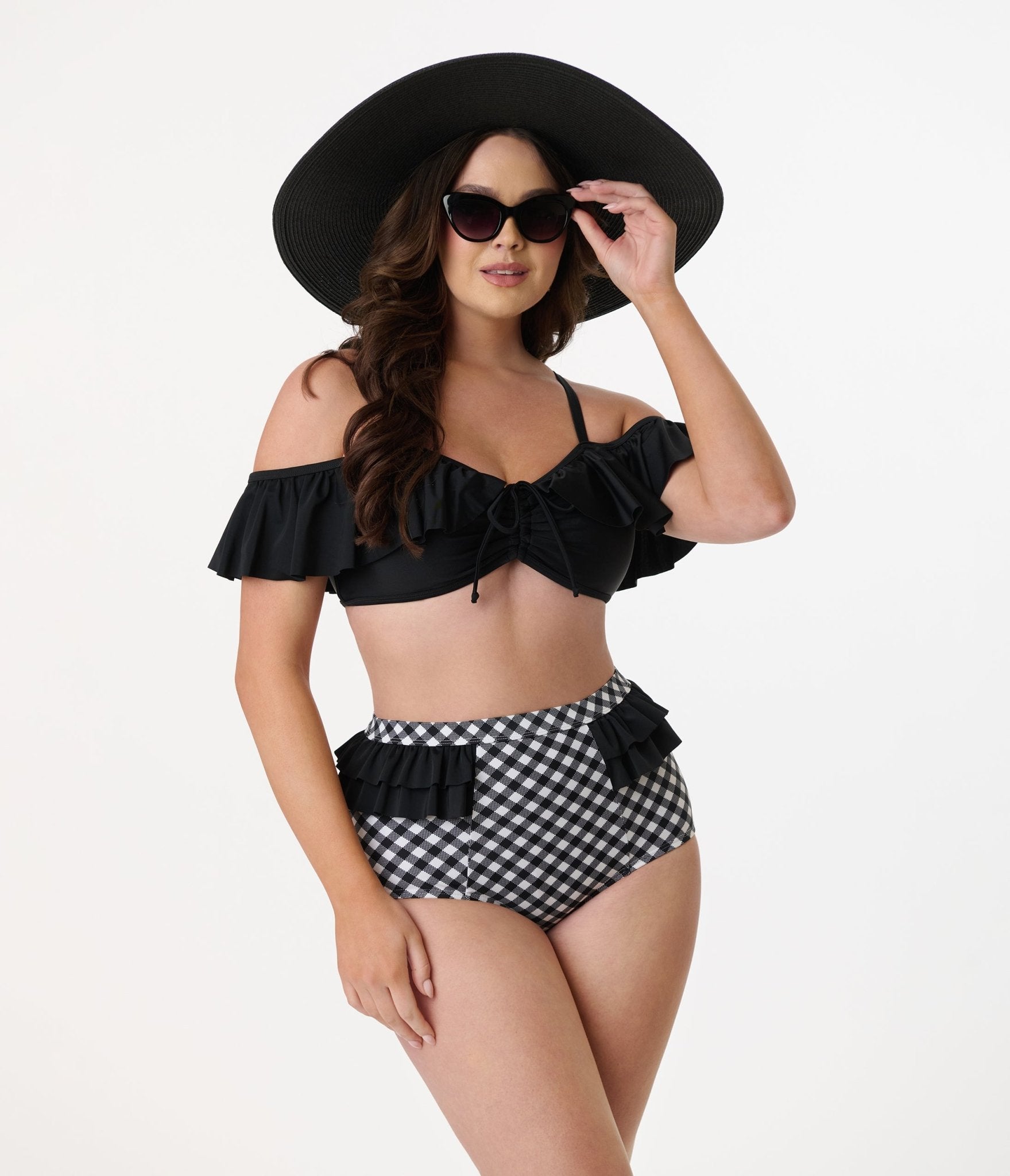 Unique Vintage Black Ruffle Swim Top