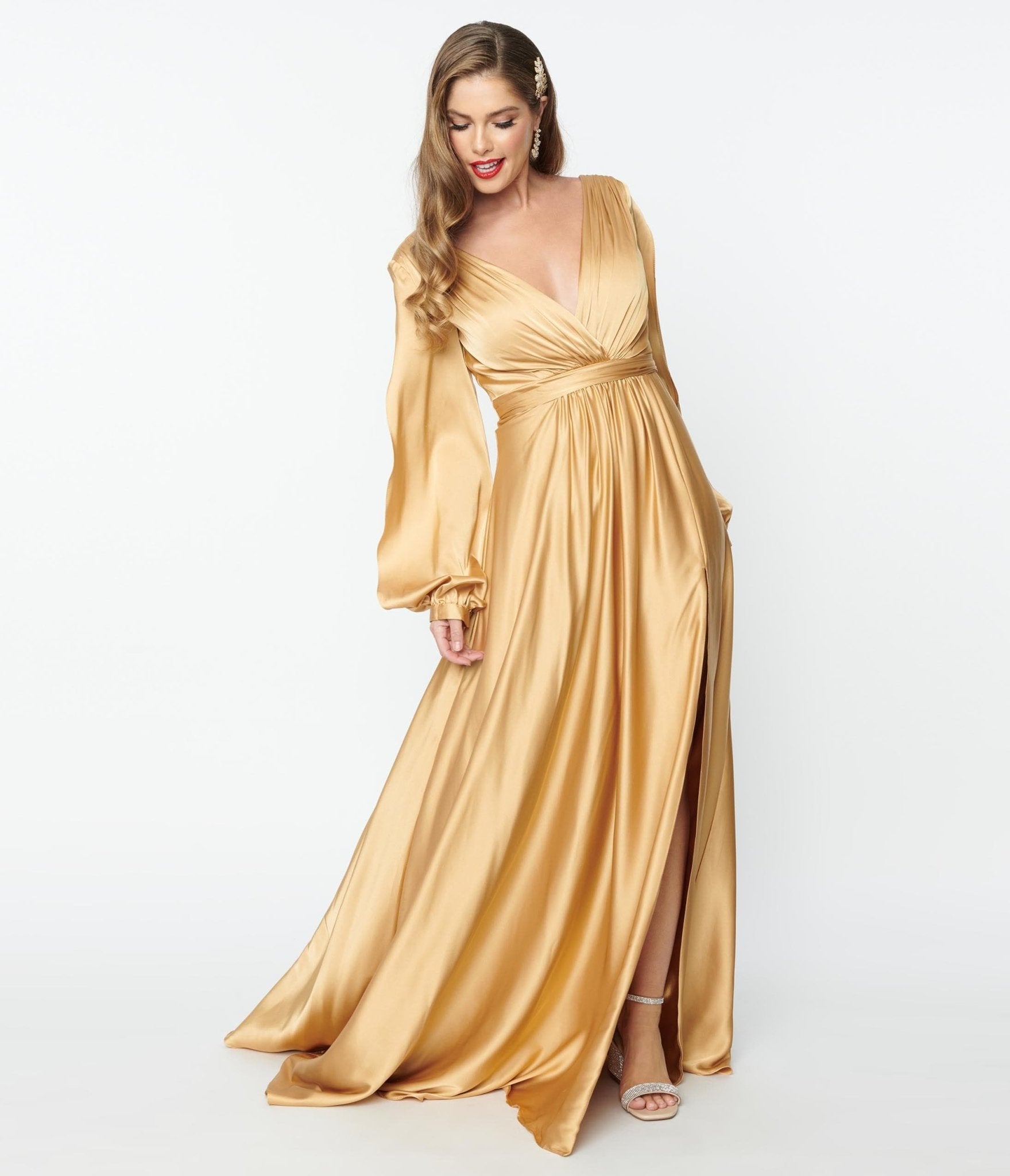 Gold Satin Long Sleeve Goddess Gown