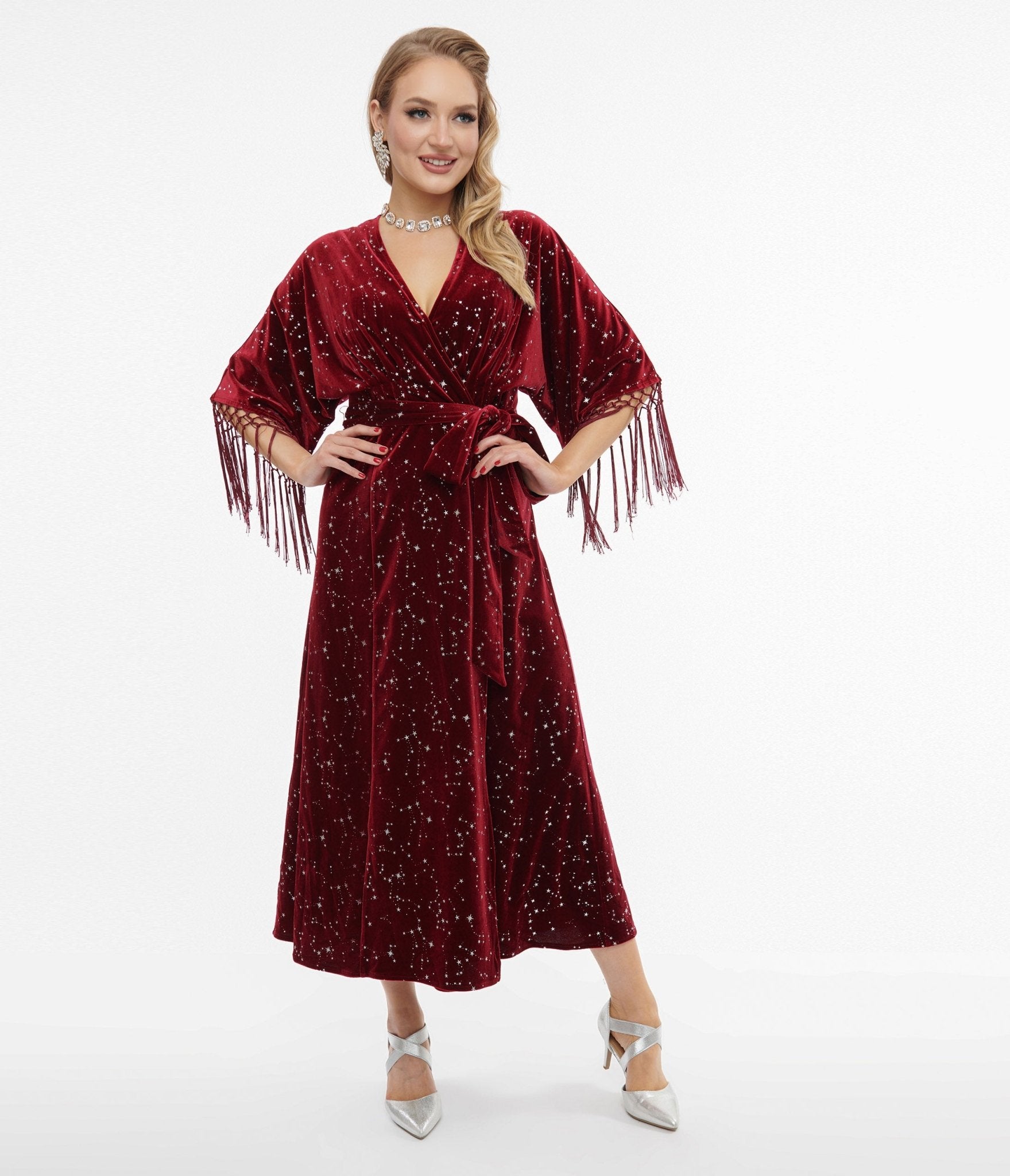 Unique Vintage 1970s Burgundy Velvet Silver Star Wrap Midi Dress