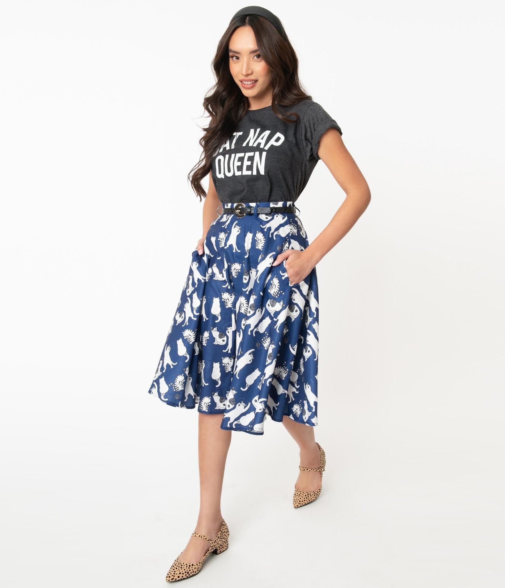 Vintage Style Navy & White Cat Print Swing Skirt