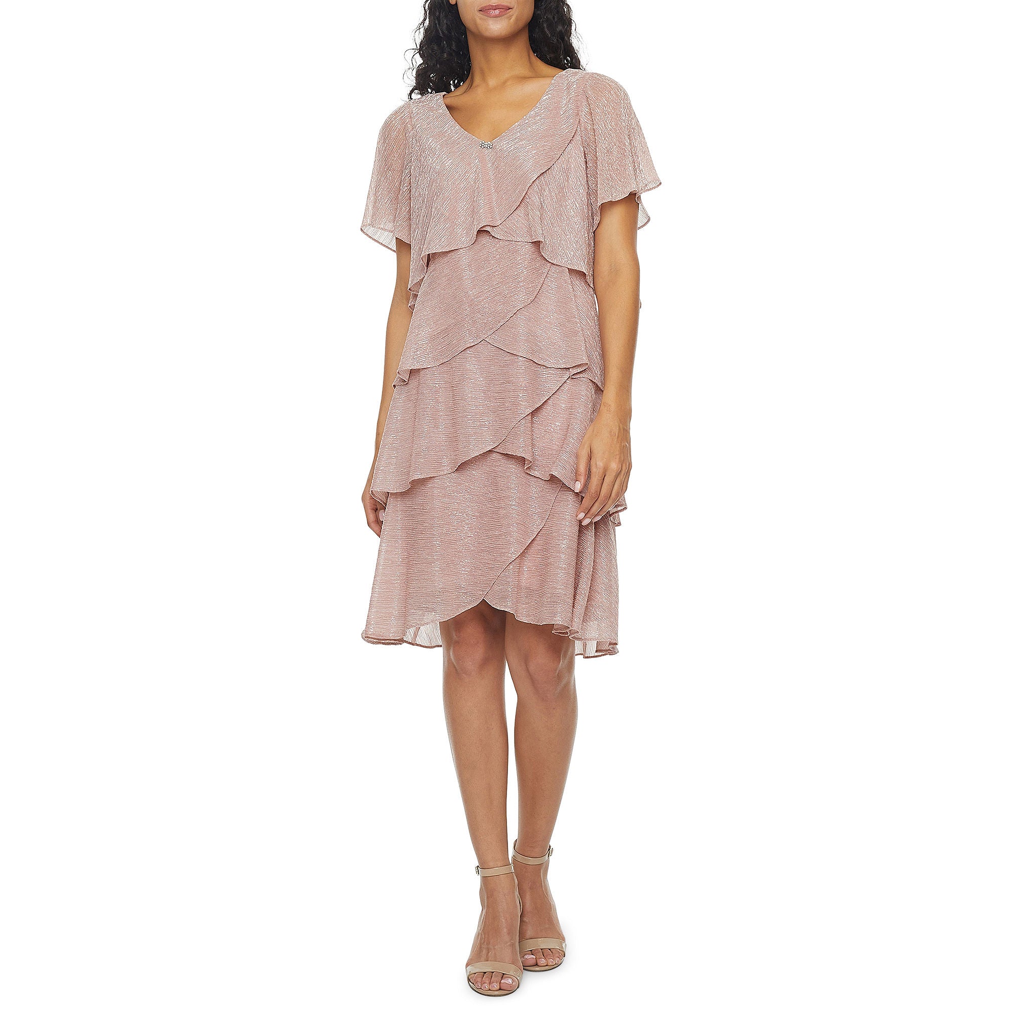 S. L. Fashions Short Sleeve Metallic Shift Dress - FADED ROSE 8