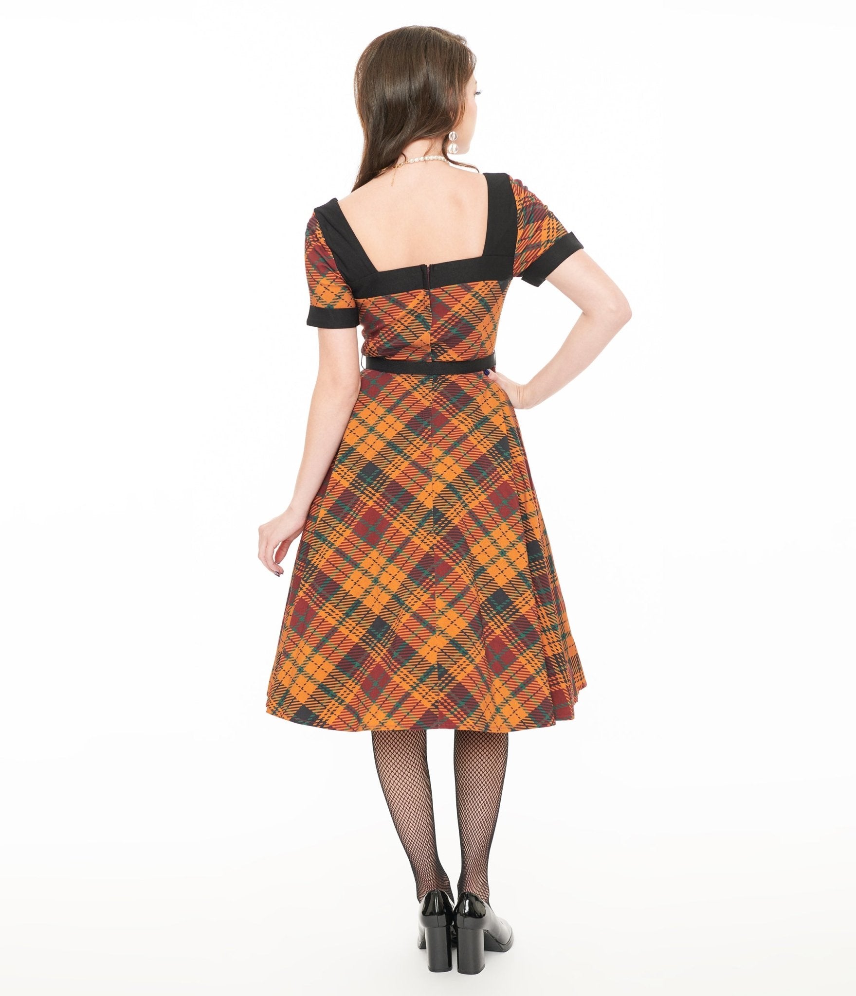 Unique Vintage 1950s Mustard Yellow & Burgundy Plaid Swing Dress