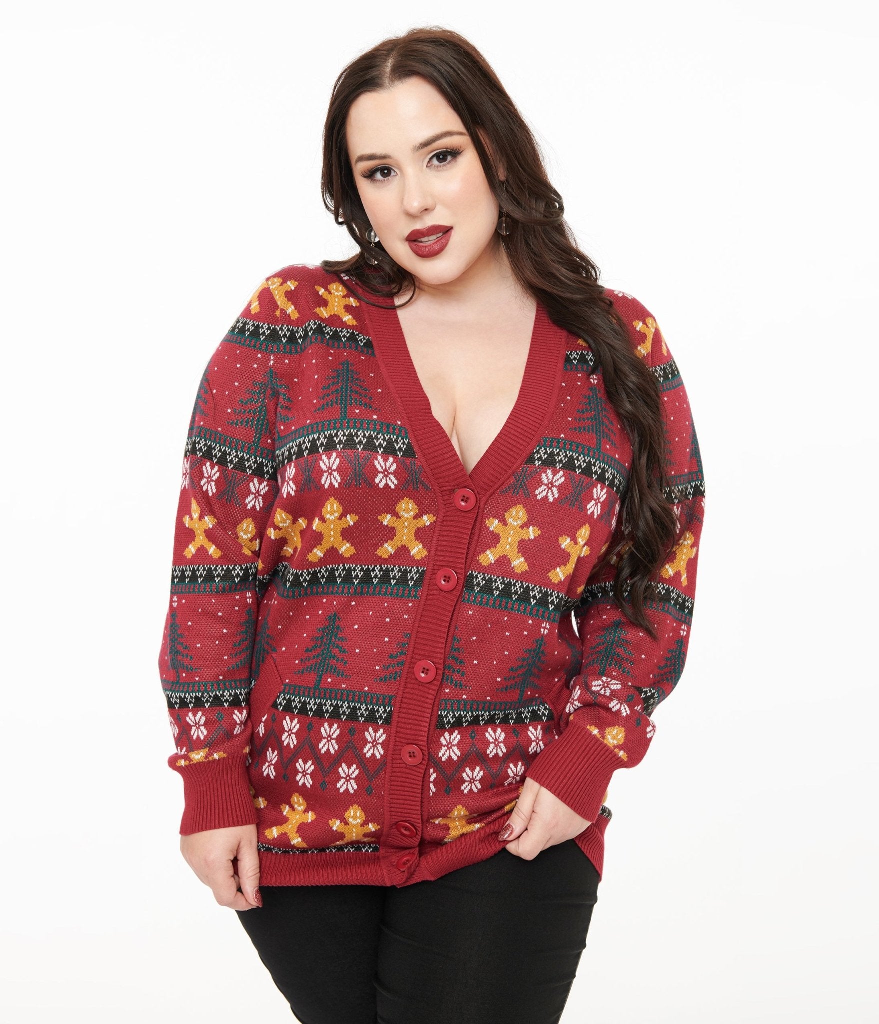 Unique Vintage Plus Size 1960s Burgundy Gingerbread Fair Isle Cardigan