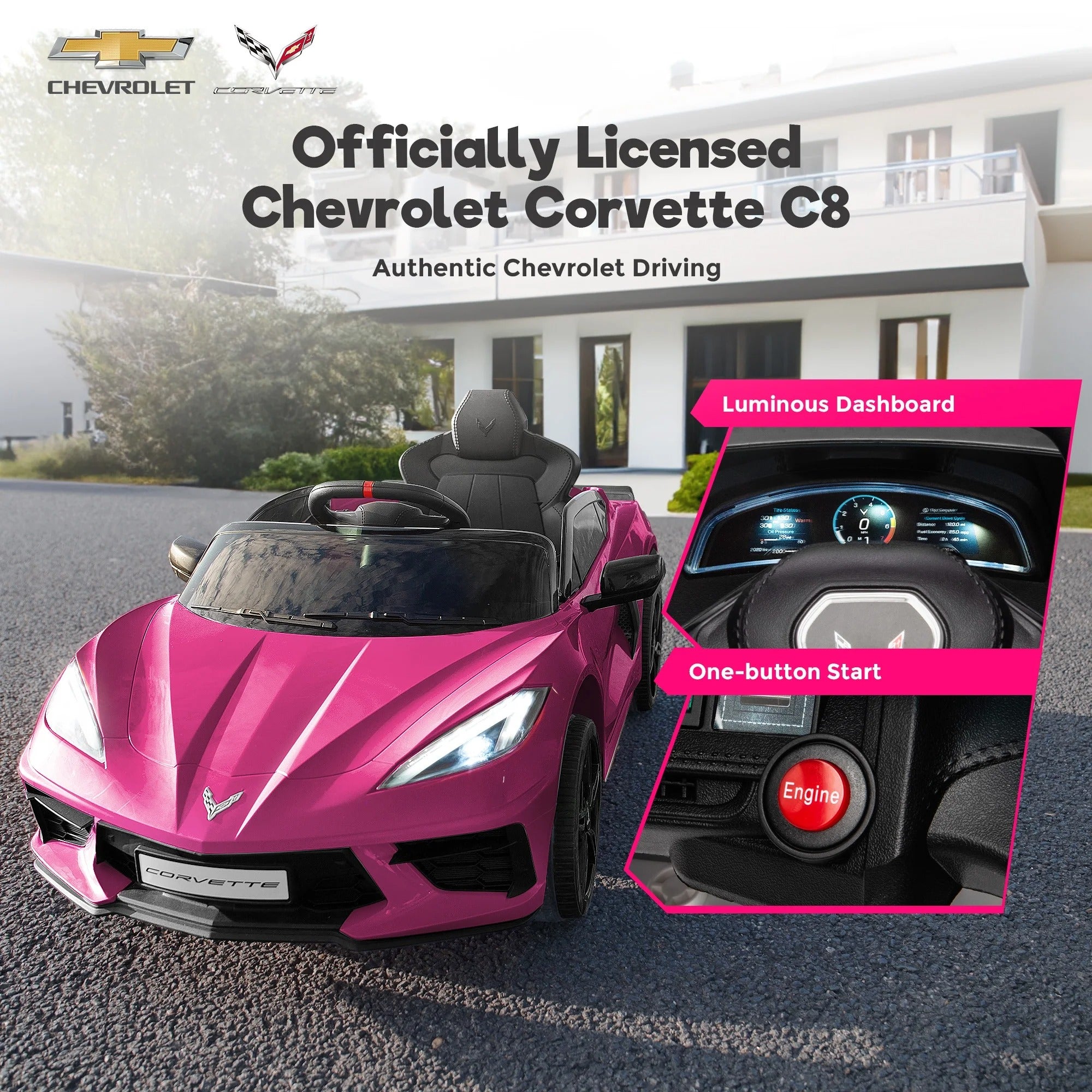 FUNTOK Store Licensed Chevrolet Corvette C8 12V Kids Electric Ride on Car Toy, Pink - 3 Speeds