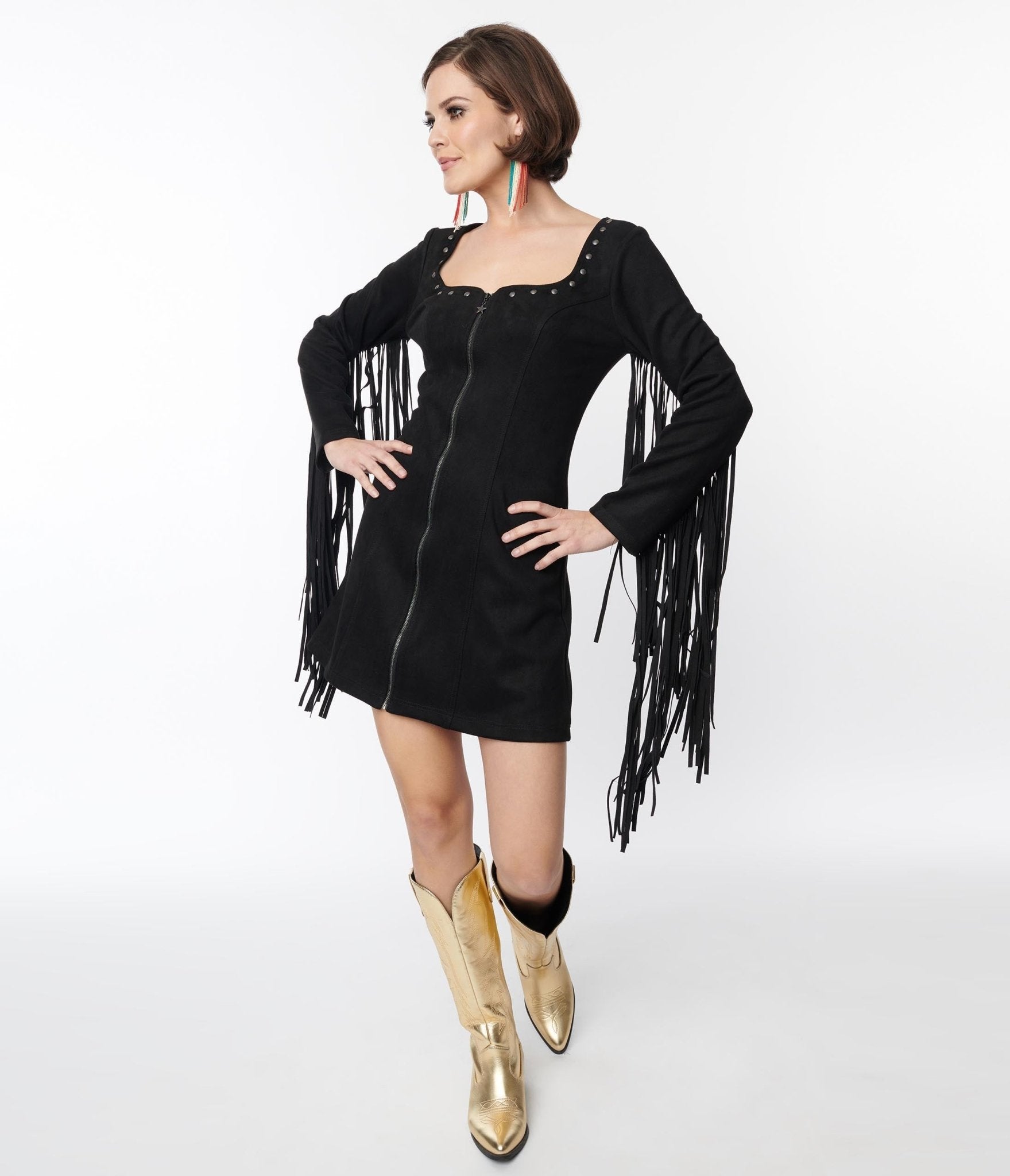 Smak Parlour Black Suede Shift Fringe Dress