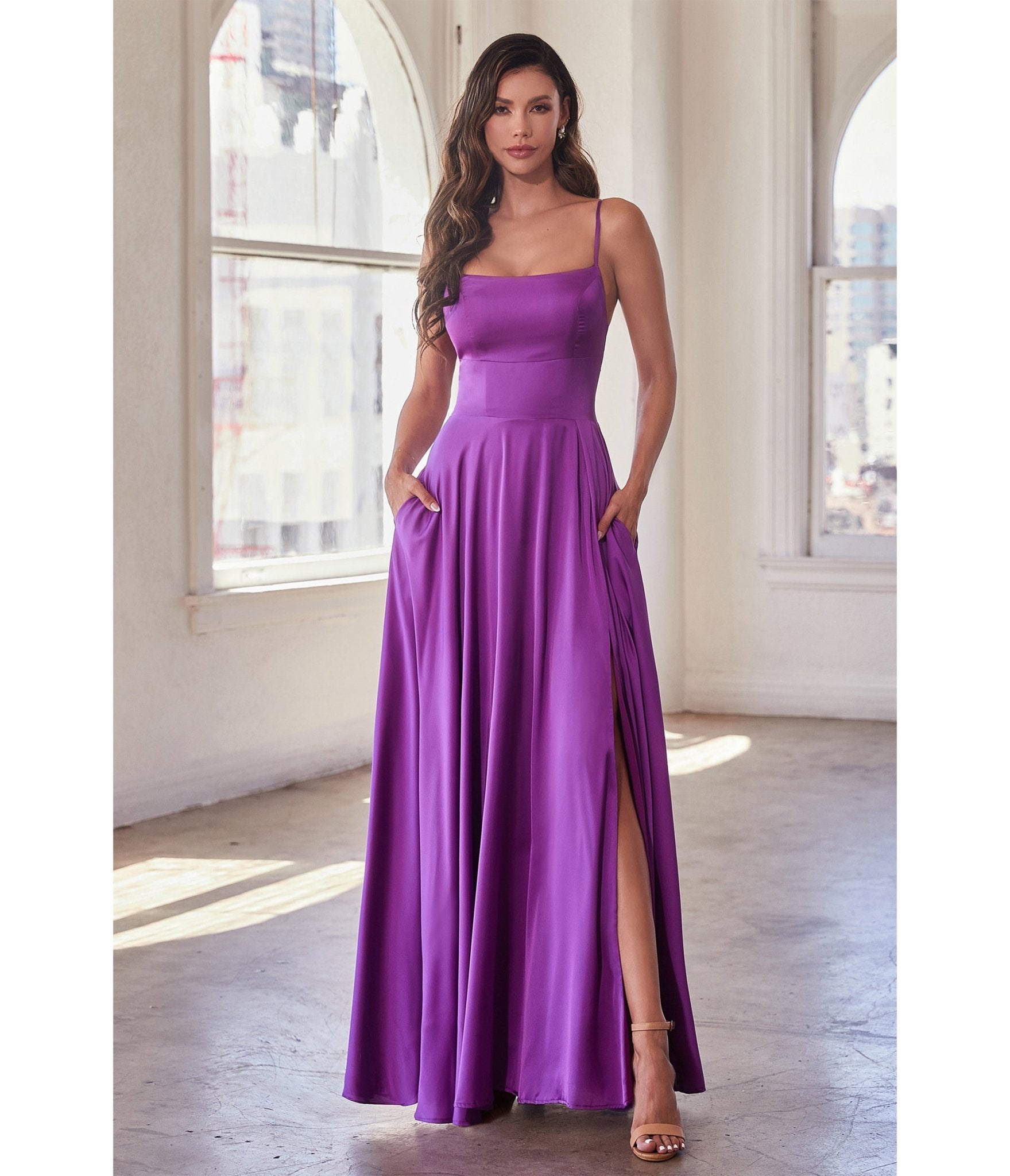 Ladivine by Cinderella Divine Purple Satin A Line Bridesmaid Dress