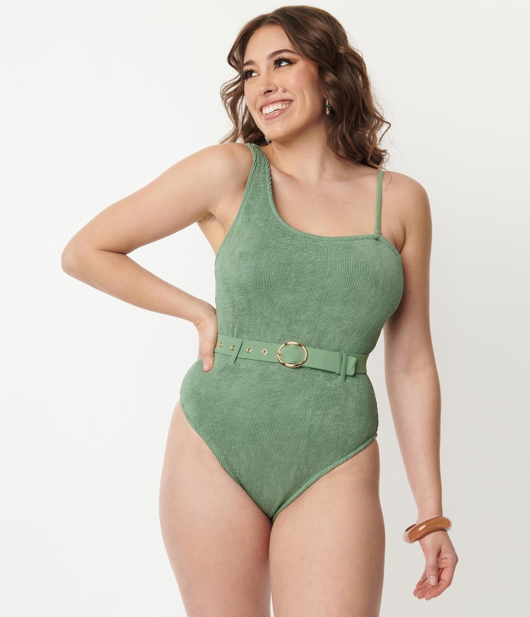 Green Belted One Piece Swimsuit