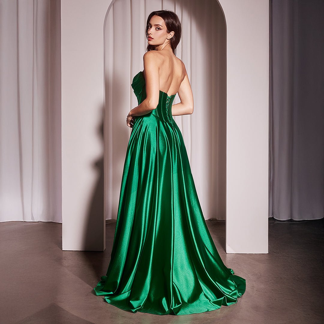 Ladivine by Cinderella Divine Emerald Satin Strapless A-Line Slit Prom Dress