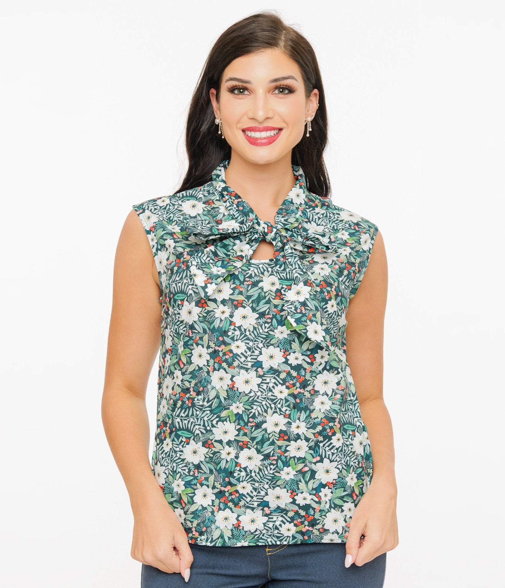 Retrolicious 1950s Winter Floral Cotton Bow Top