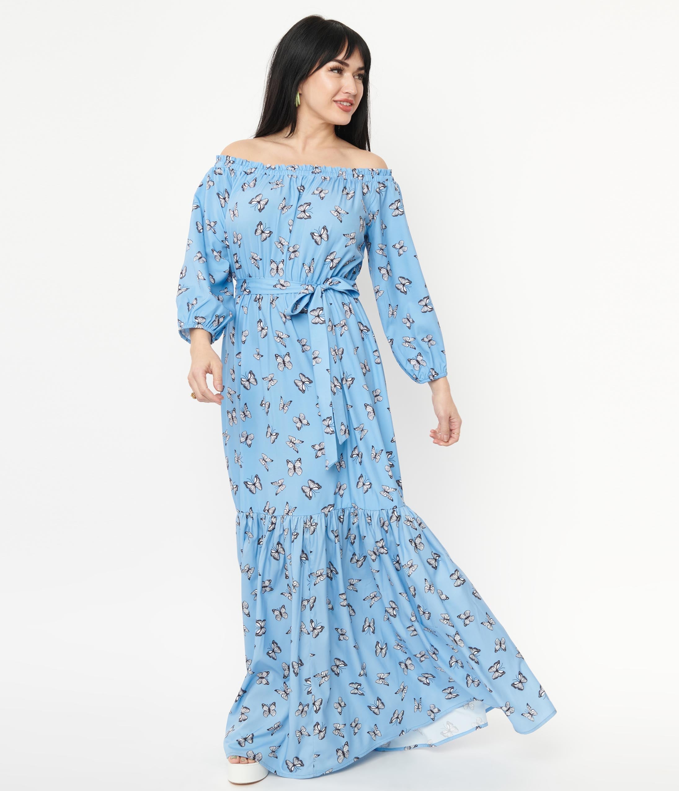 Unique Vintage 1970s Blue & Butterfly Sweet Escape Maxi Dress