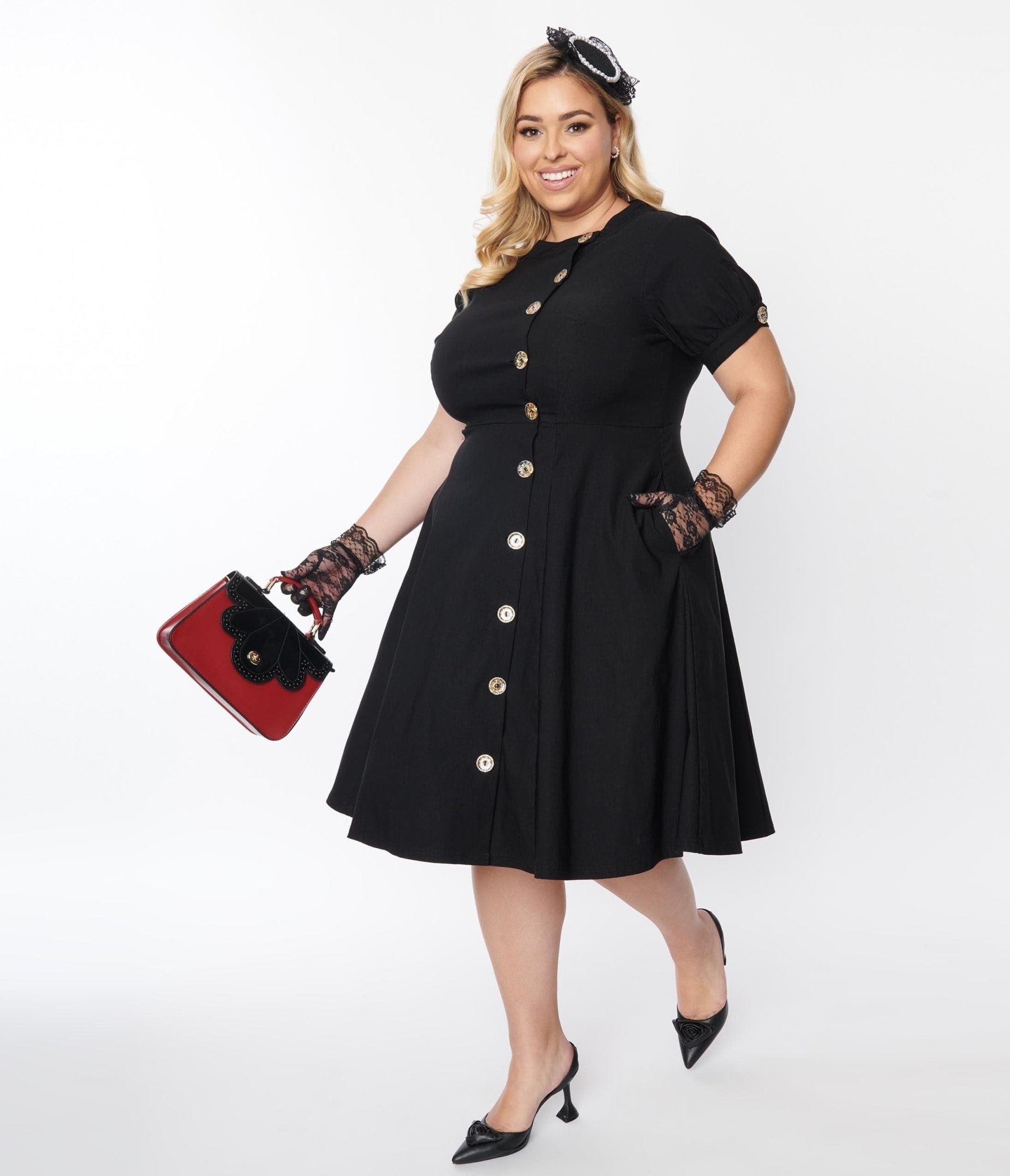 Unique Vintage Plus Size Black Button Swing Dress