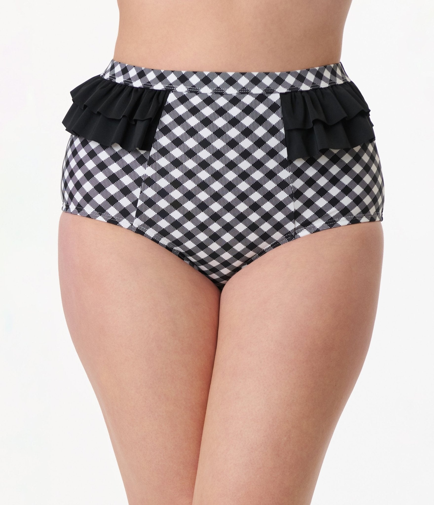 Unique Vintage Black & White Gingham Ruffle Swim Bottom