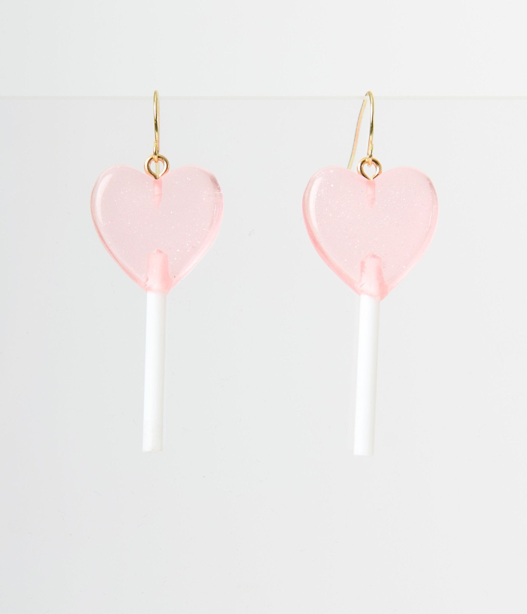 Glittery Pink Heart Lollipop Earrings