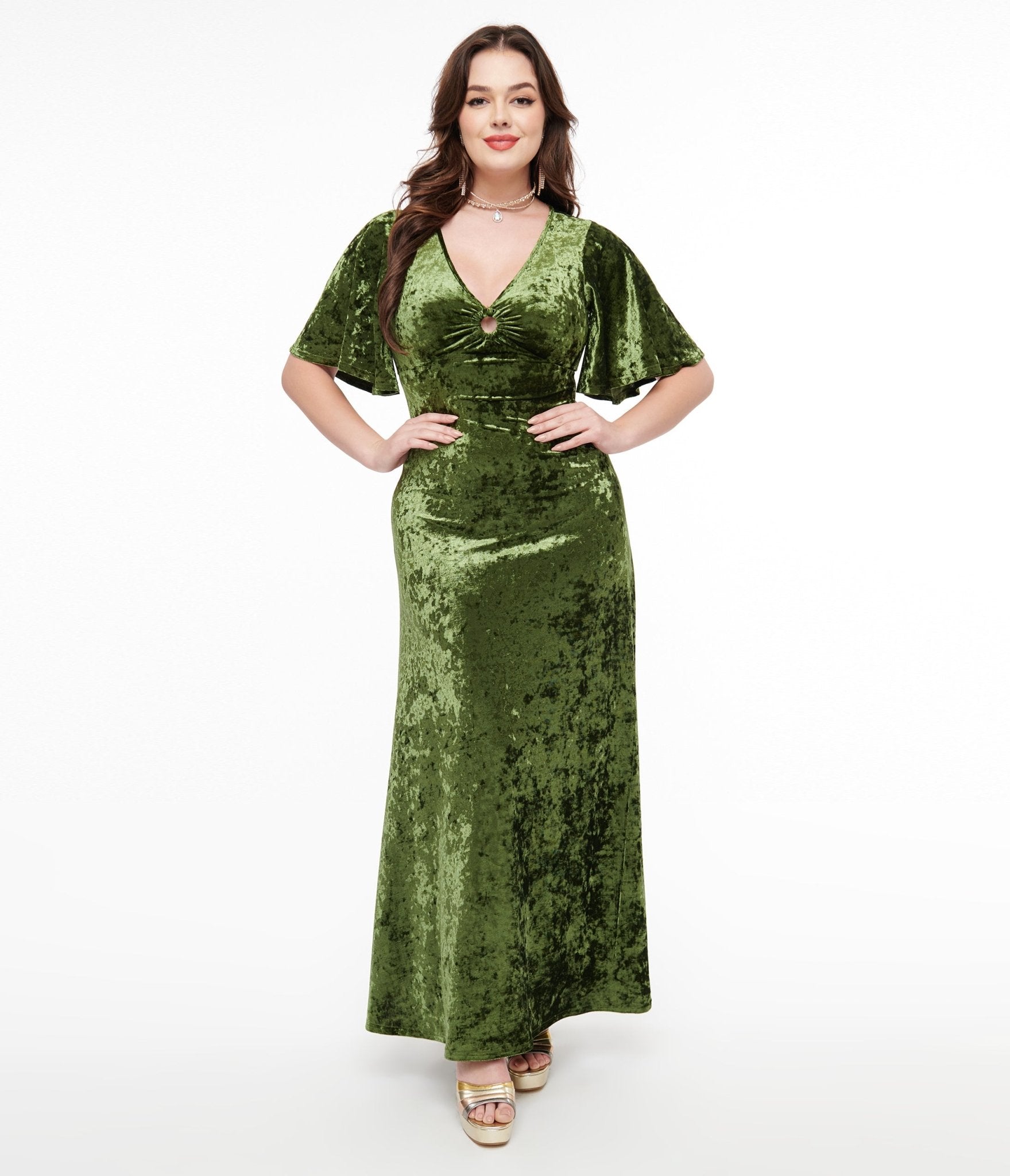 Smak Parlour 1970s Mossy Green Velvet Cutout Maxi Dress