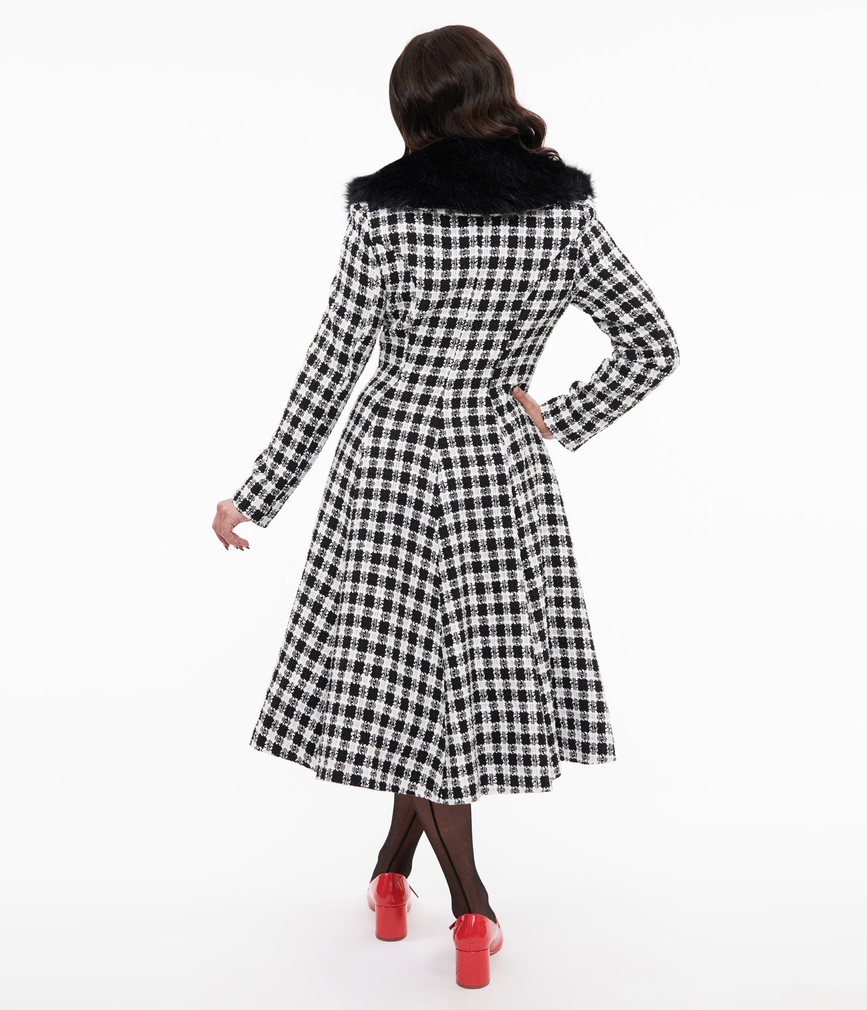 Unique Vintage 1950s Black & White Plaid & Black Fur Carrie Swing Coat