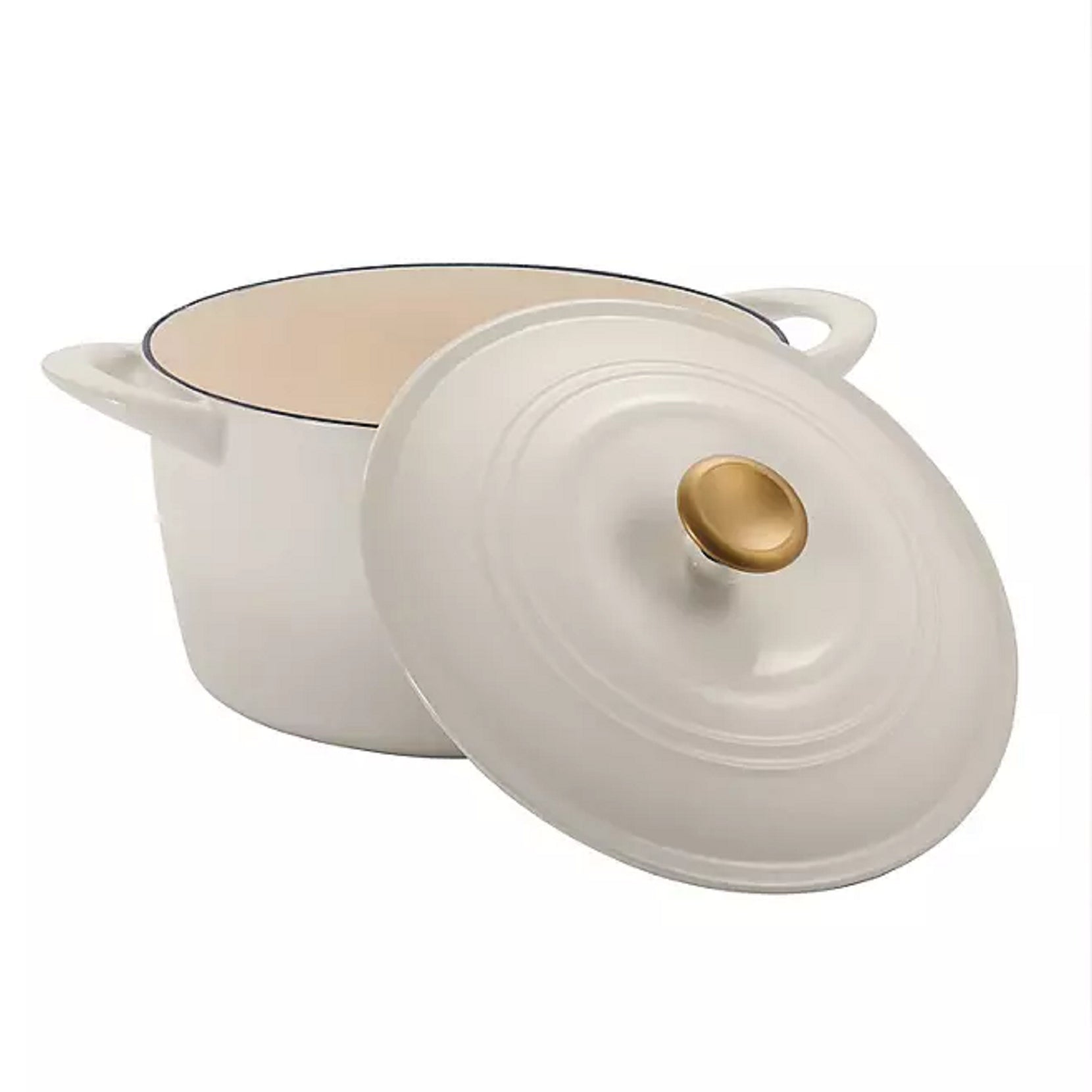 Tramontina 80131/357DS Enameled Cast Iron 7-Quart Covered Round Dutch Oven, Latte/ Gold Knob