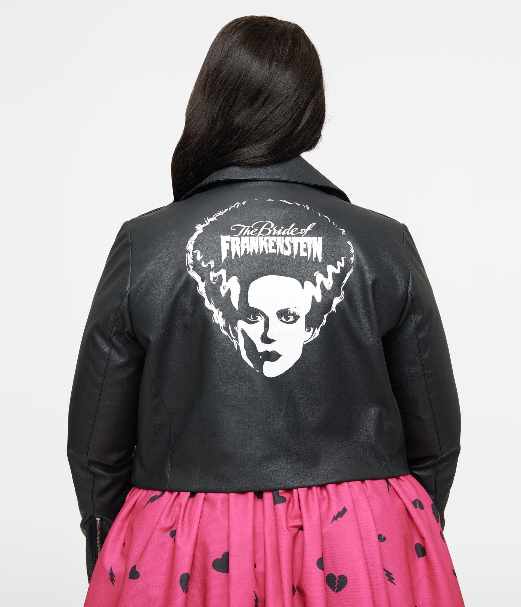 Universal Monsters x Unique Vintage Plus Size Black & White Bride of Frankenstein Leather Jacket