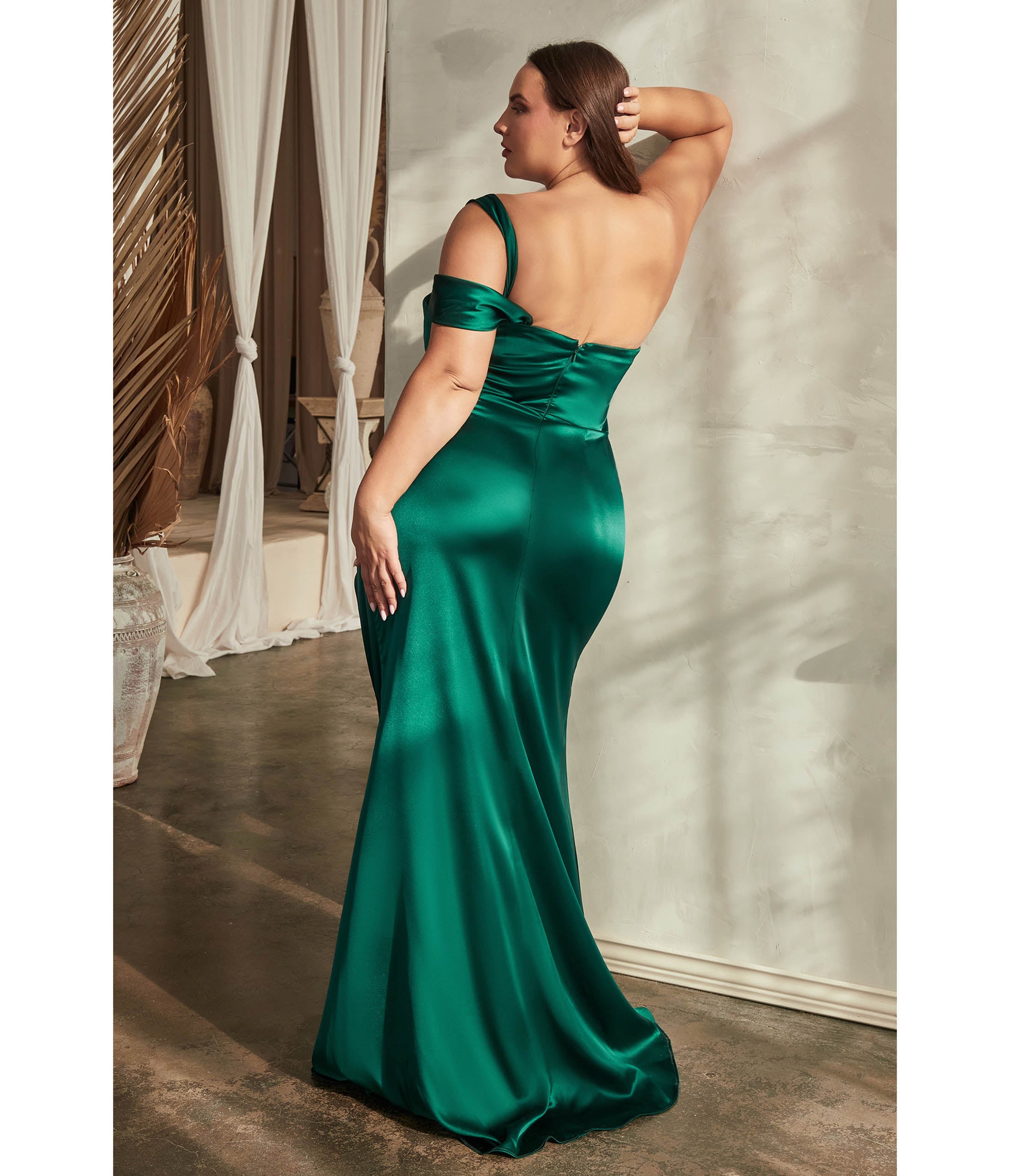 Ladivine by Cinderella Divine Plus Size Emerald Ruched Satin One Shoulder Evening Gown