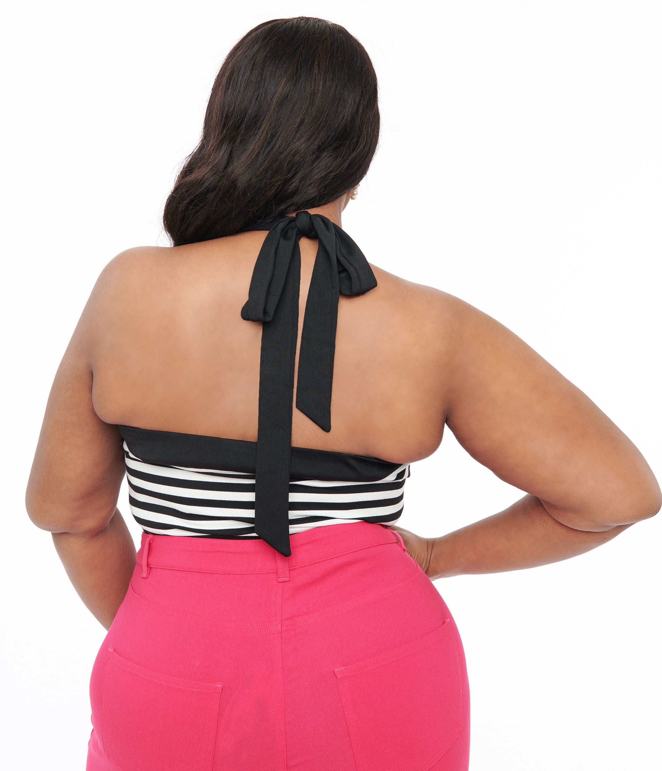 Unique Vintage Plus Size Black & White Striped Halter Top