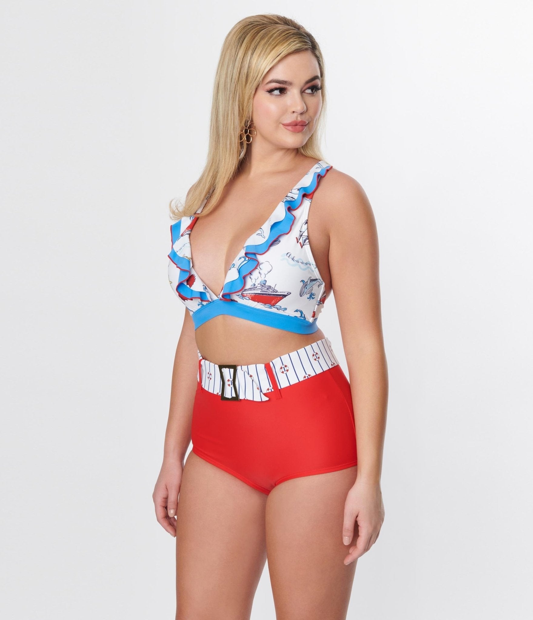 Unique Vintage White & Blue Nautical Print Ruffle Swim Top