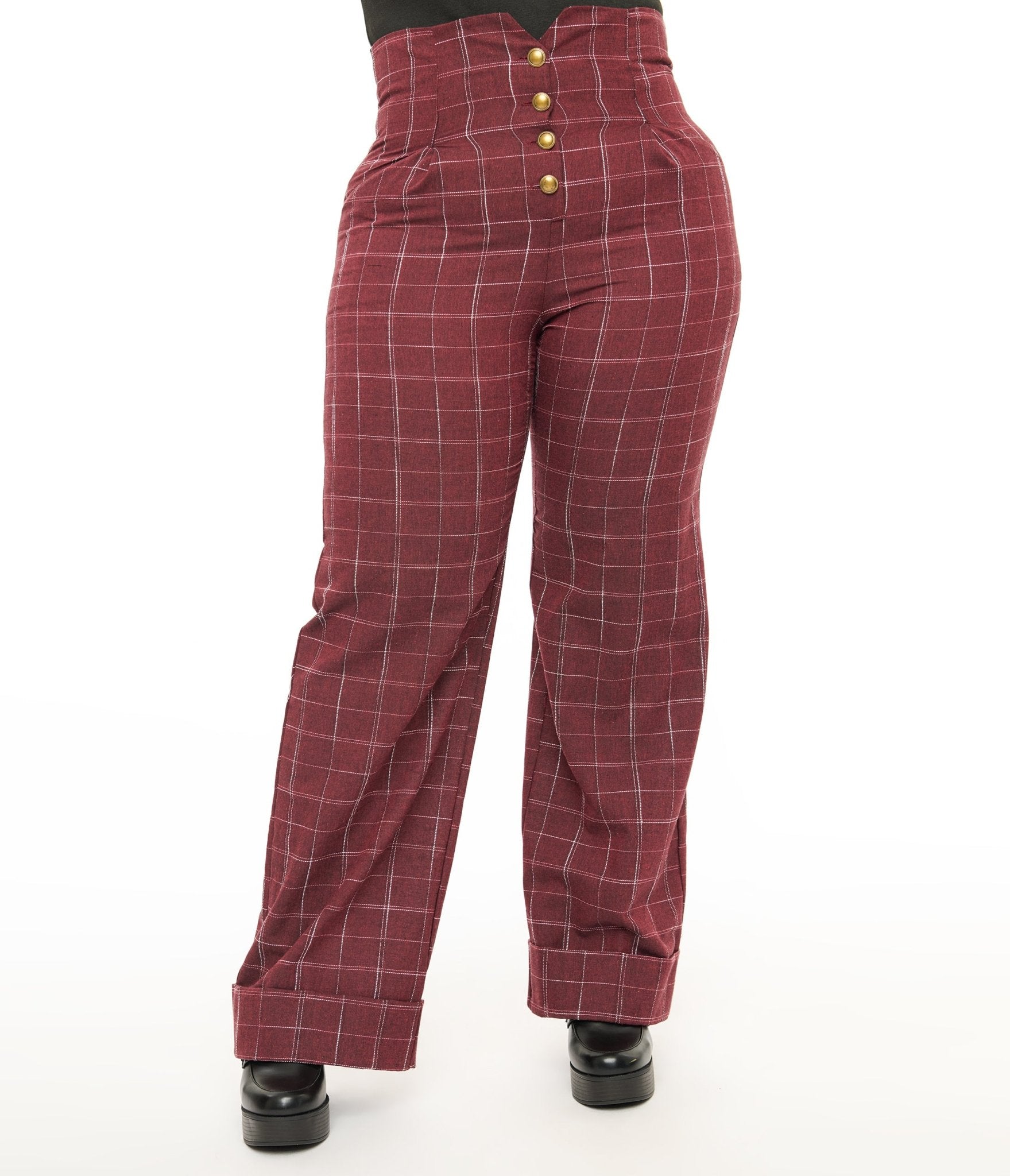 Unique Vintage Plus Size 1940s Burgundy Windowpane Buttoned Wide Leg Trousers