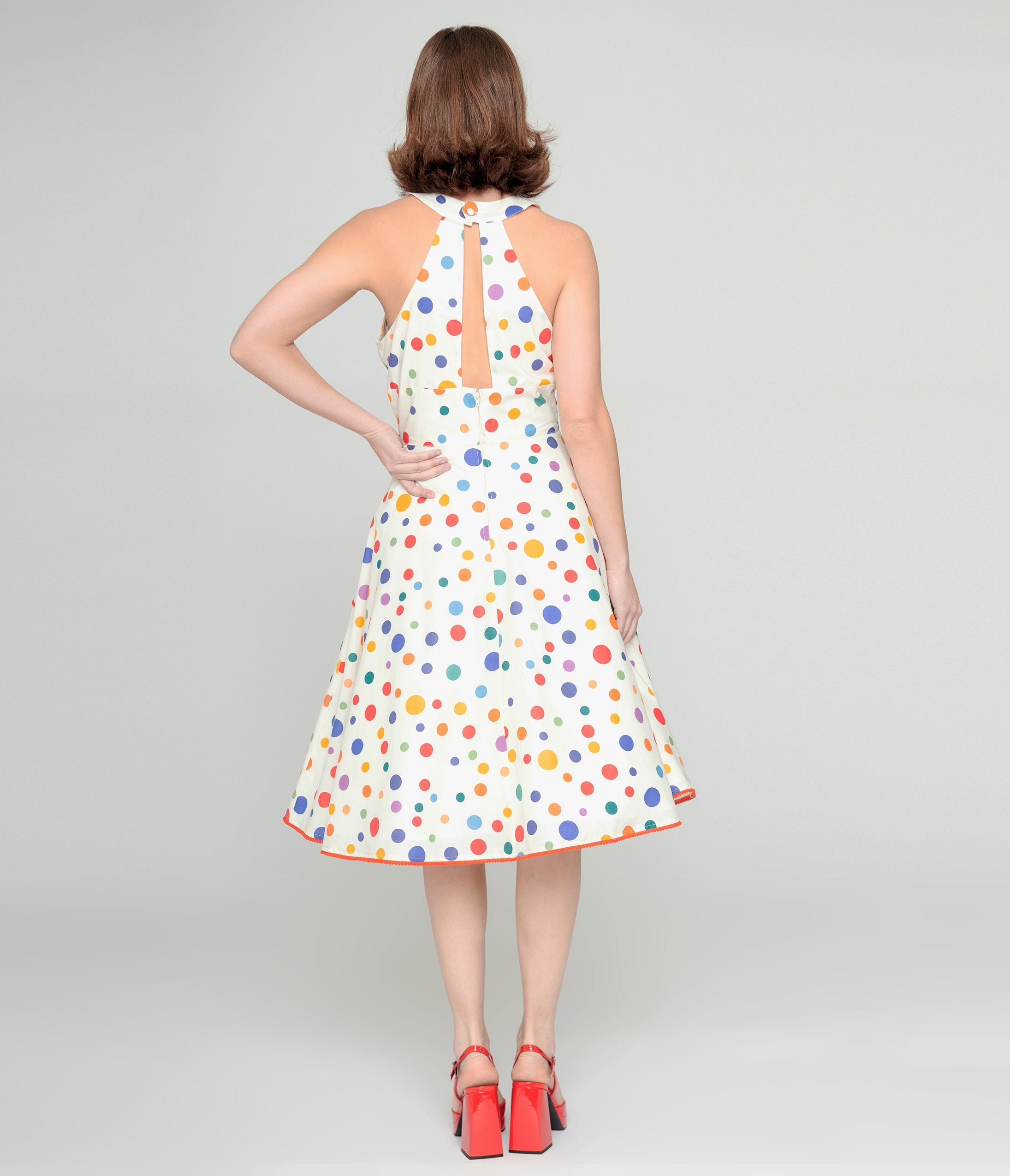 Unique Vintage 1950s Rainbow Polka Dot Cotton Halter Swing Dress