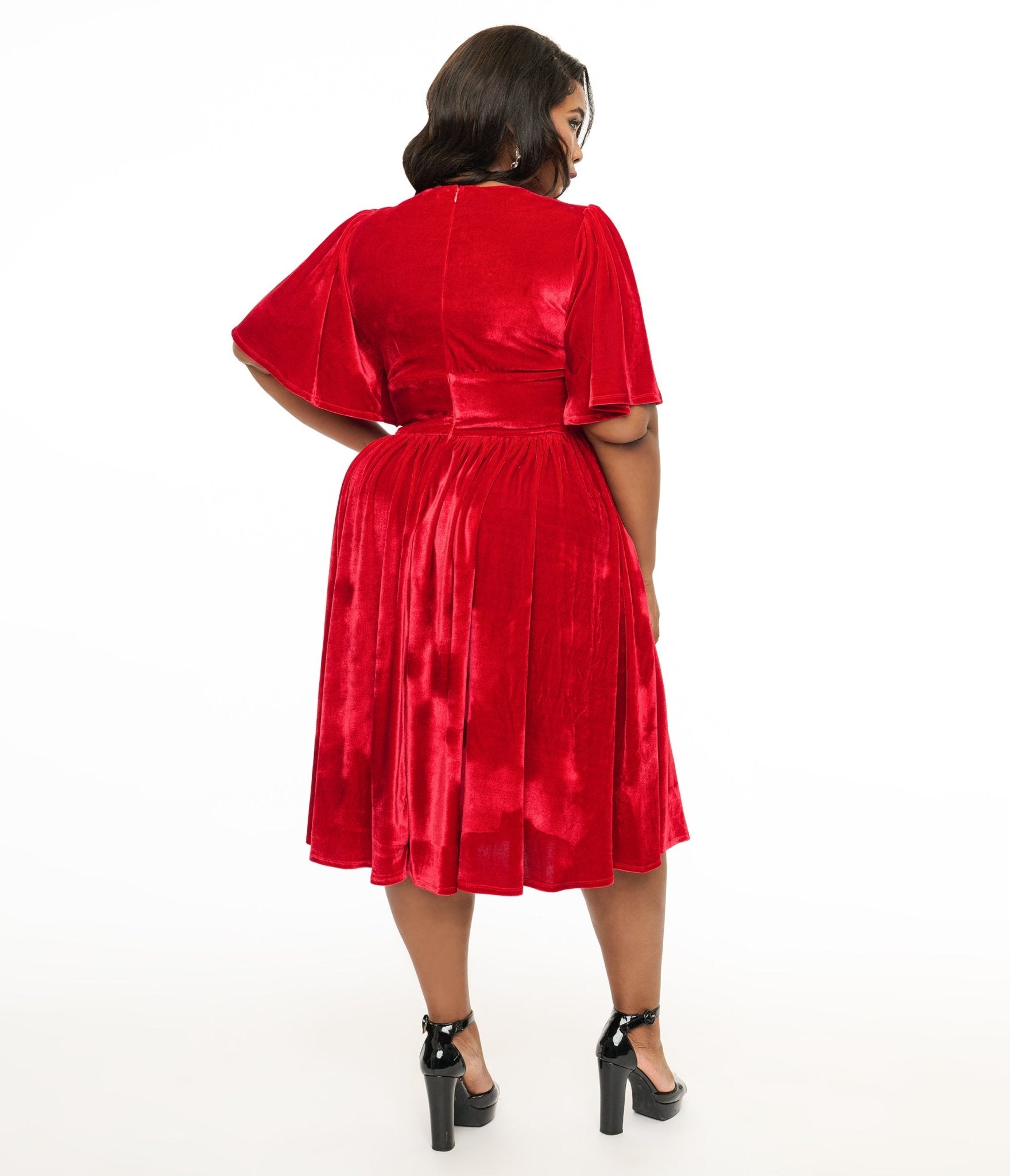 Unique Vintage Plus Size 1940s Red Velvet Flutter Sleeve Swing Dress