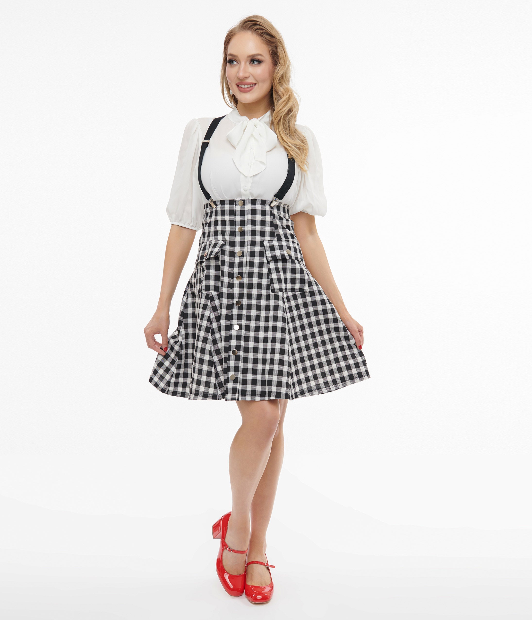 Unique Vintage 1950s Black & White Gingham Suspender Flare Skirt