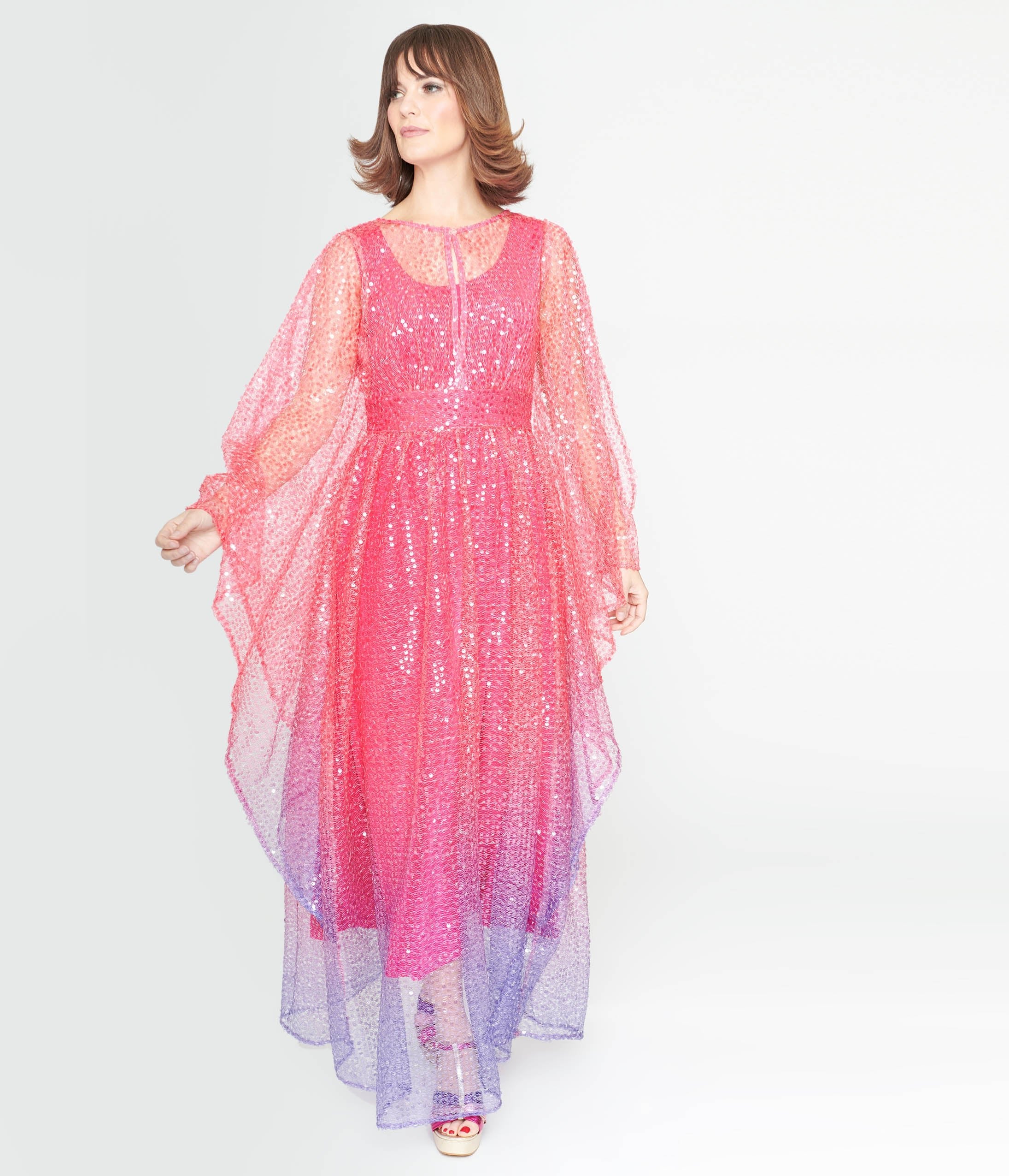 Unique Vintage 1970s Sheer Pink & Purple Ombre Sequin Flutter Sleeve Caftan